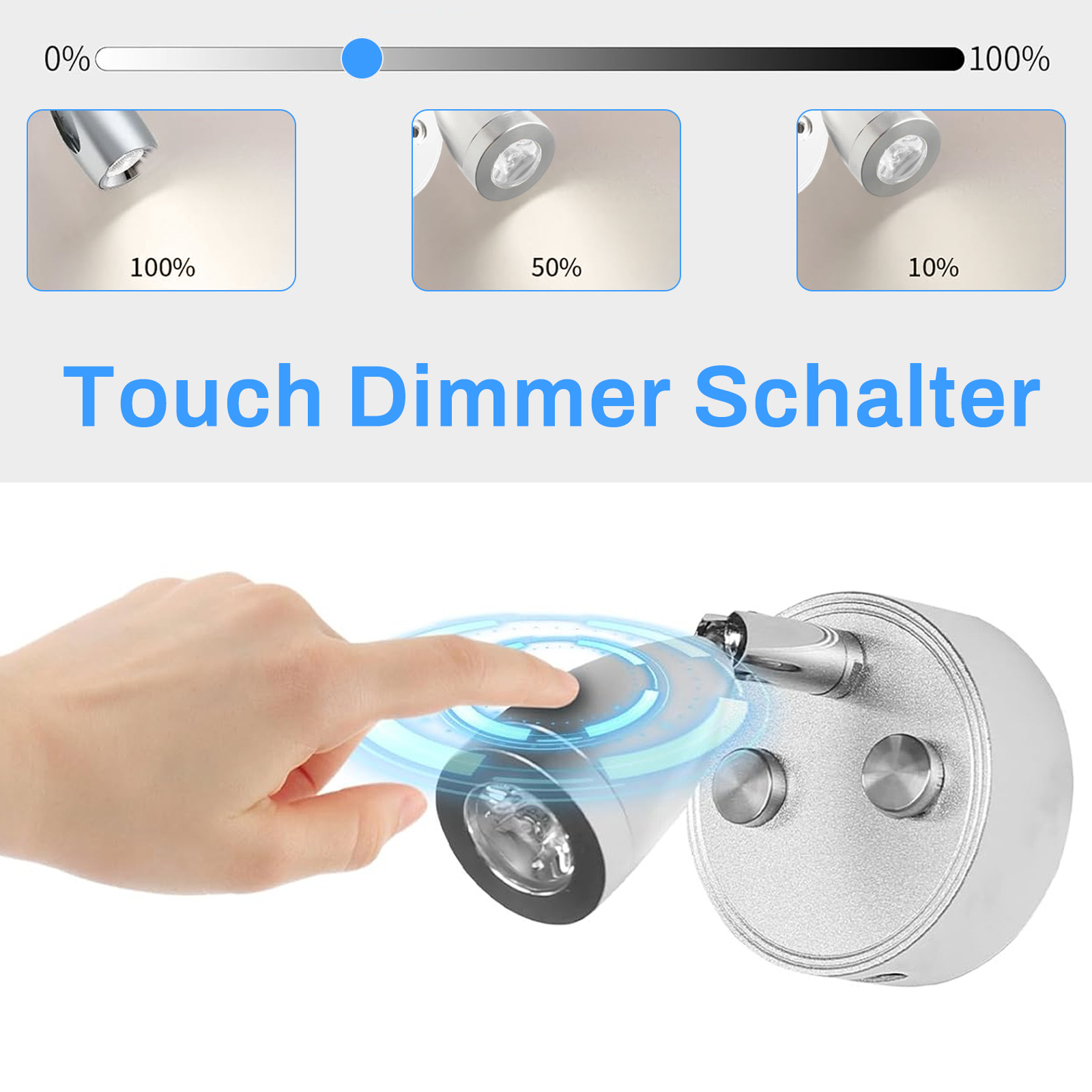 Ein Finger berührt eine Leuchte. Drei verschiedene Lichtintensitäten werden angezeigt.