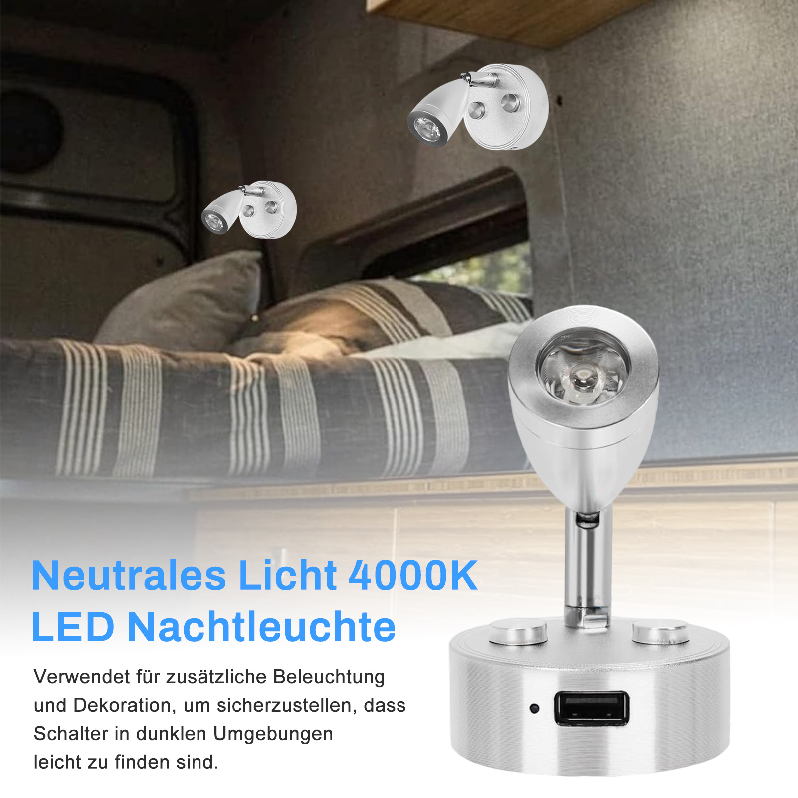 Zwei kleine und eine größere Leuchte. Der Text unten lautet: Neutrales Licht 4000K LED-Nachtlicht.