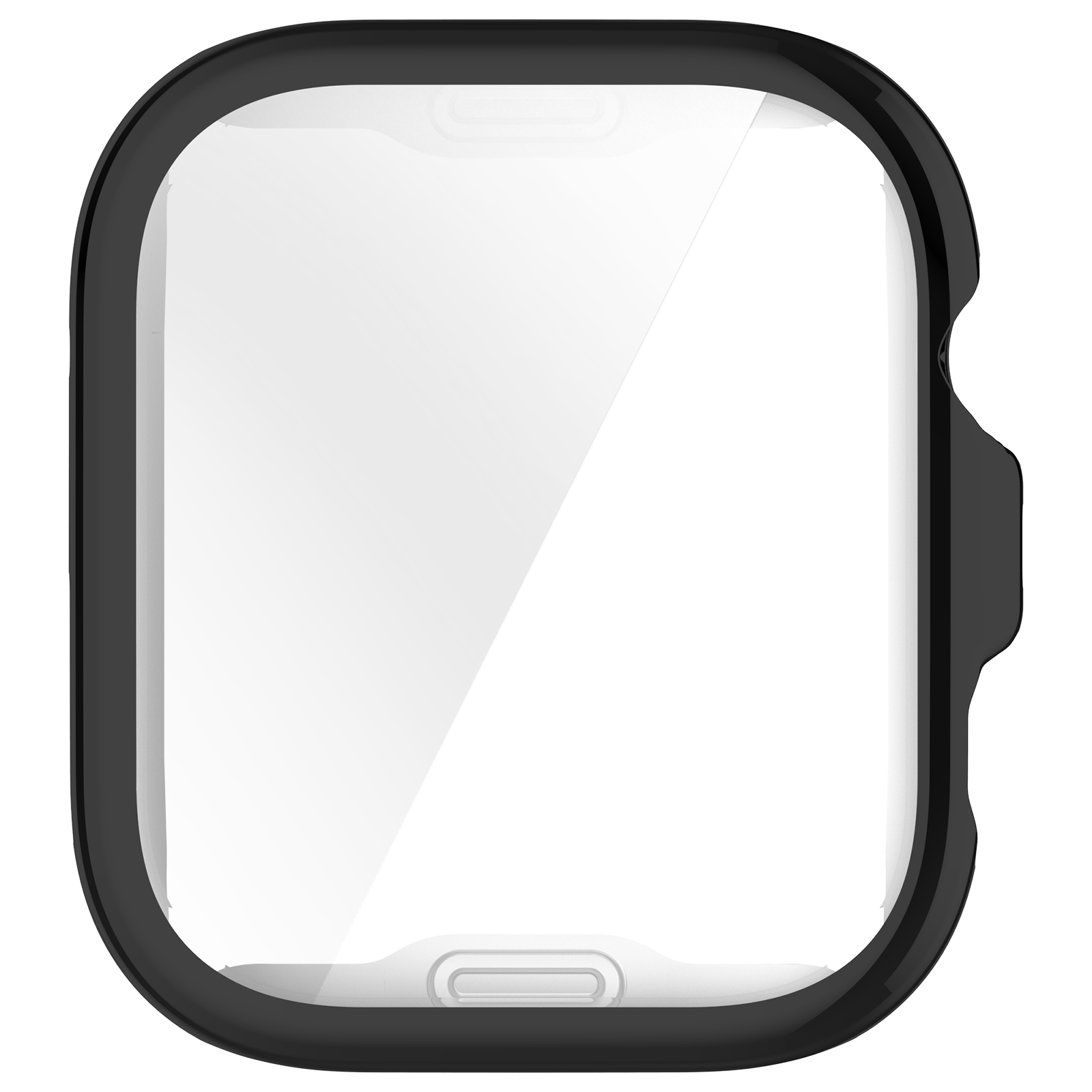 Cassa dell'orologio nera con protezione schermo trasparente. Lo sfondo bianco è una superficie pulita.