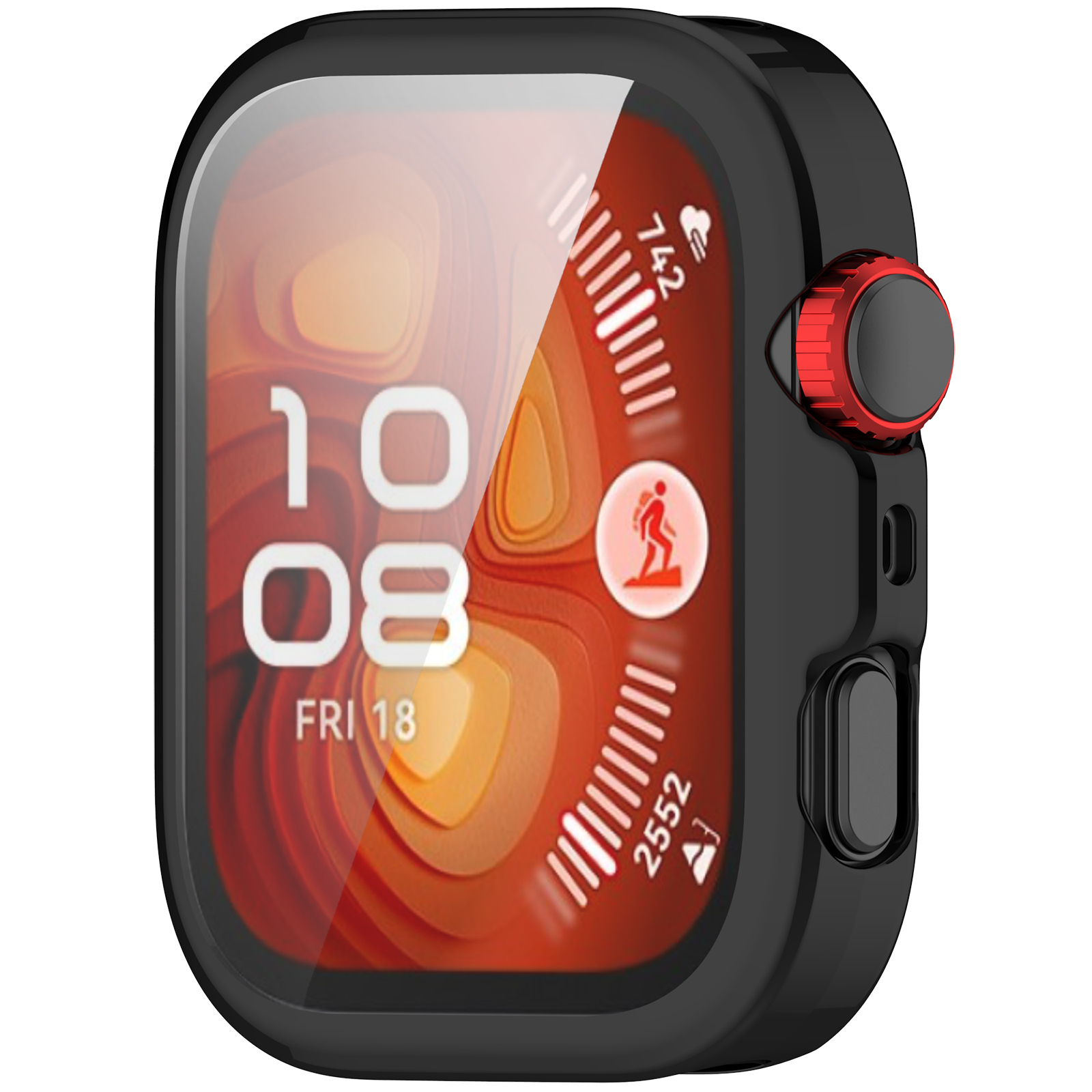 Orologio nero con protezione schermo trasparente. Lo schermo mostra una data e icone. Pulsante rosso.