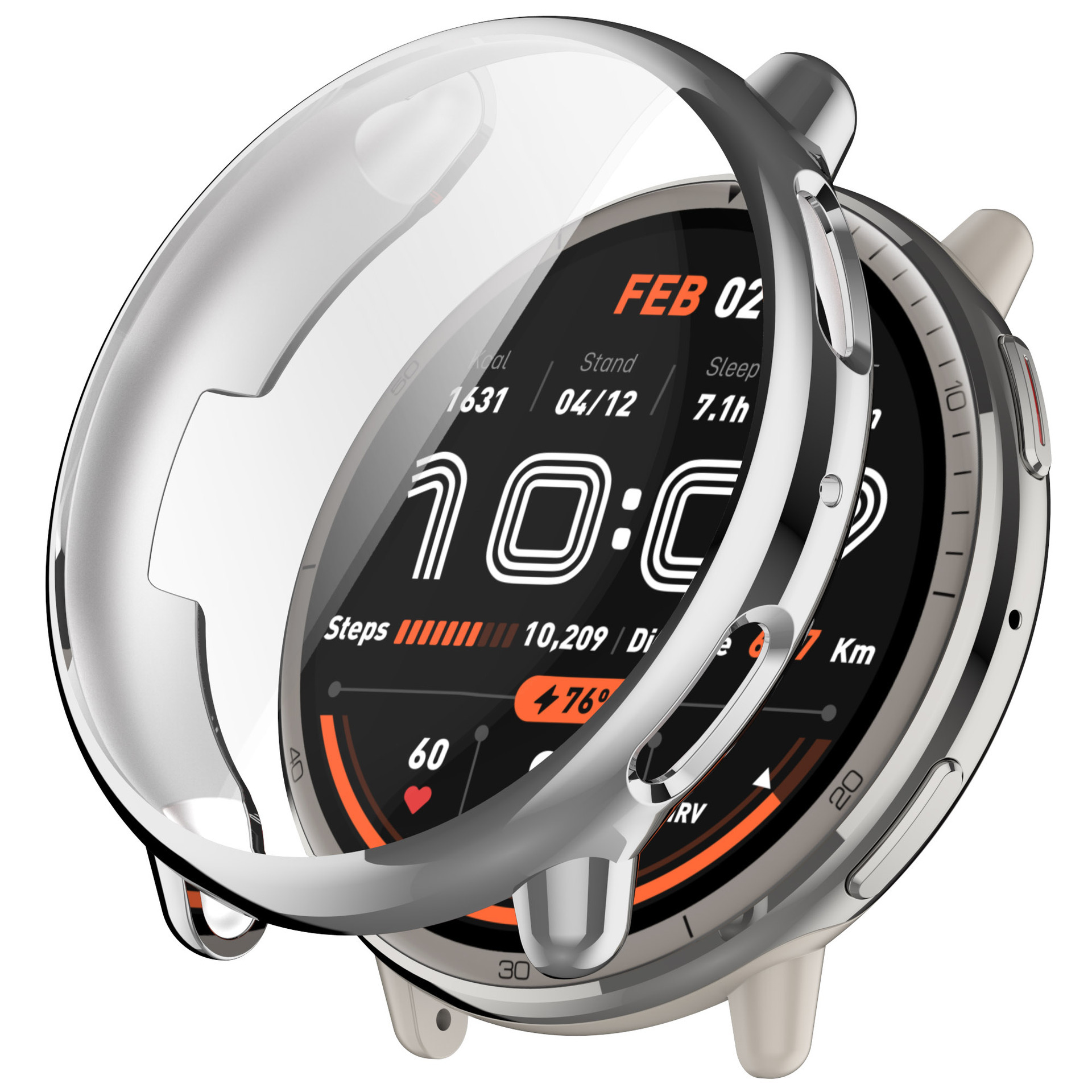 Un reloj inteligente en una funda protectora, que muestra la esfera del reloj con la hora y los datos.