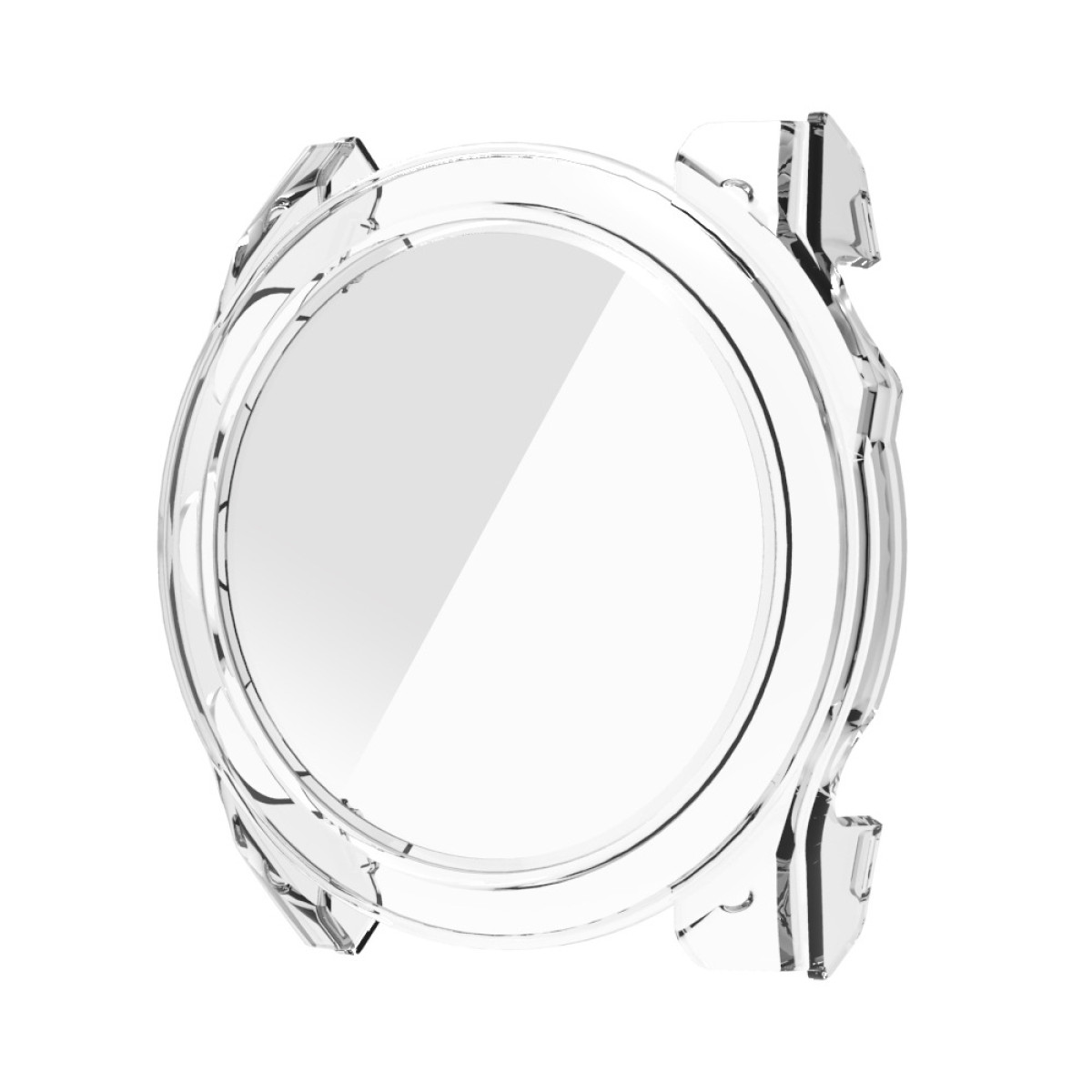 Cassa dell'orologio trasparente, forma rotonda. Ha aperture per i pulsanti ed è trasparente, con sfondo bianco.