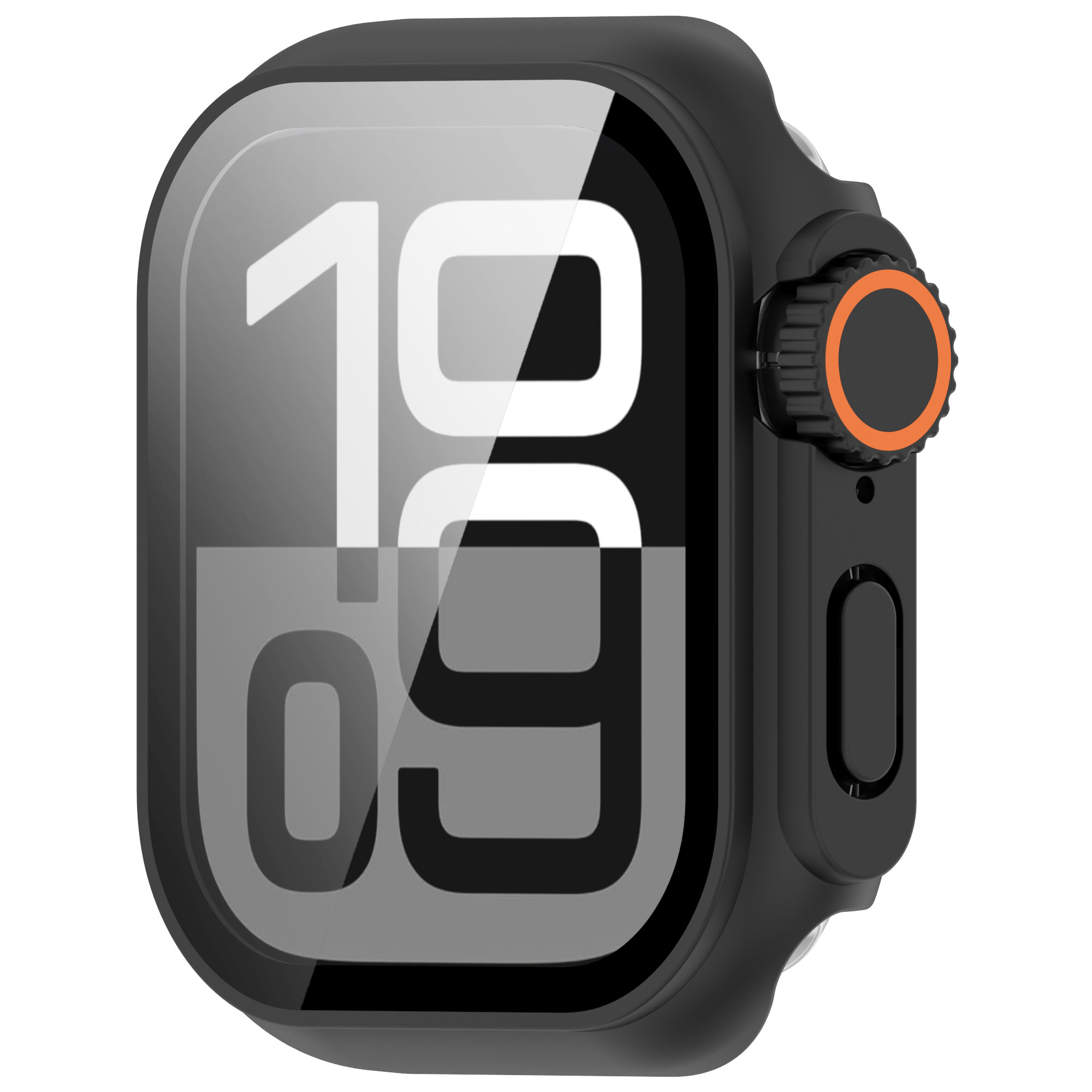 Primo piano di uno smartwatch con cassa nera e protezione schermo. L'ora 10:09 è visualizzata sullo schermo.