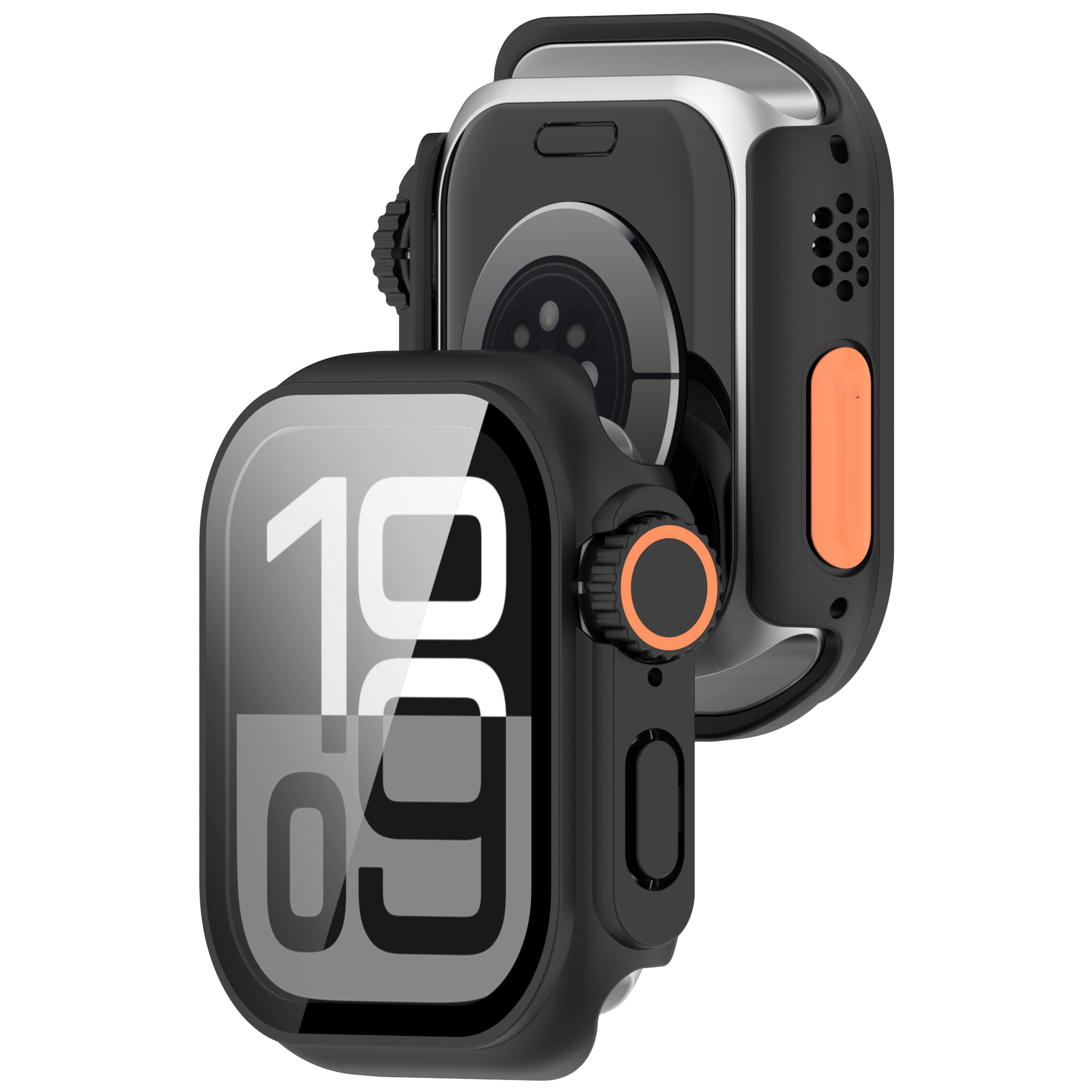 Due smartwatch, uno davanti, uno dietro. Entrambi hanno custodie e protezioni nere, che mostrano l'ora 10:09.
