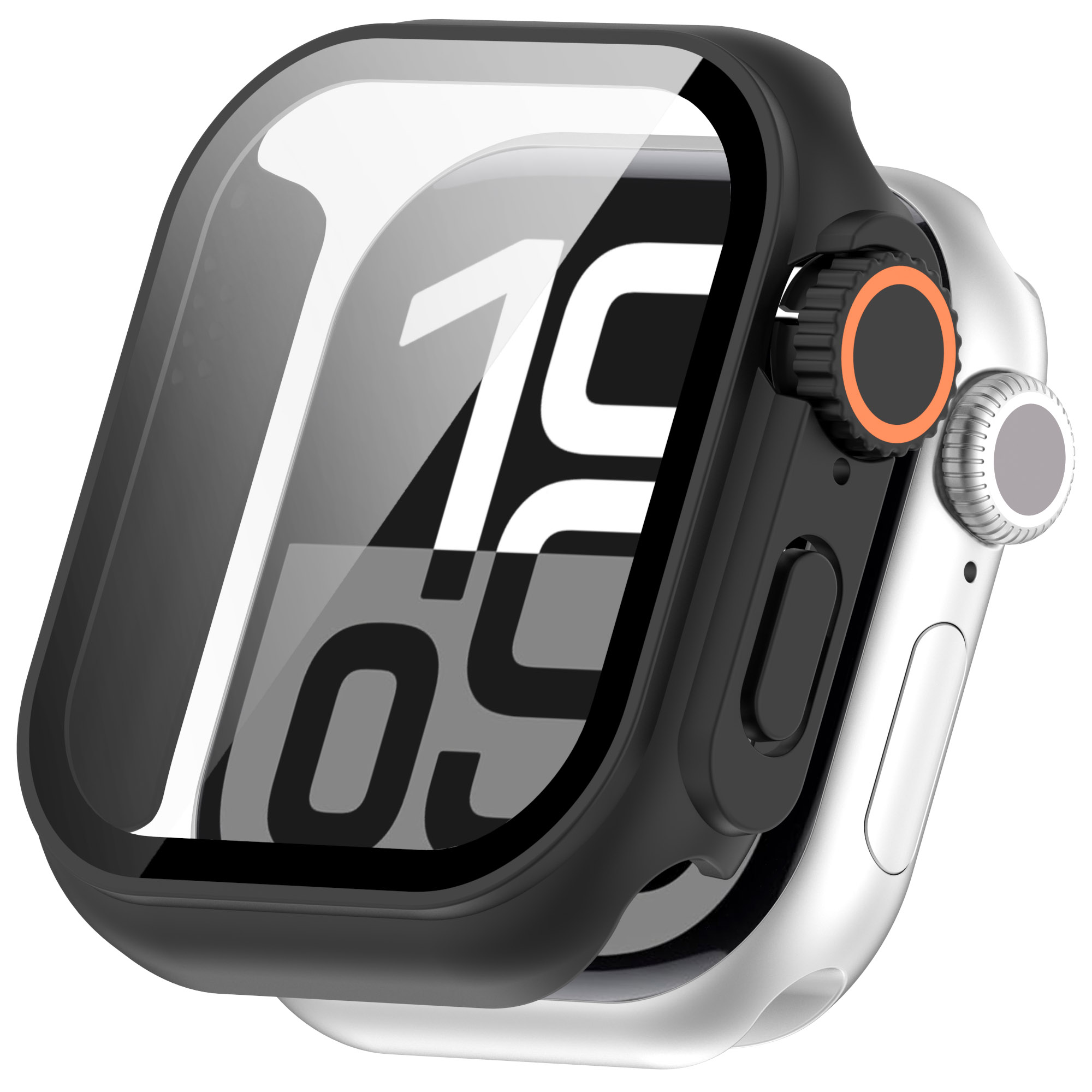Primo piano di uno smartwatch con protezione schermo nera, che mostra l'ora 10:09. L'orologio è argento e nero.
