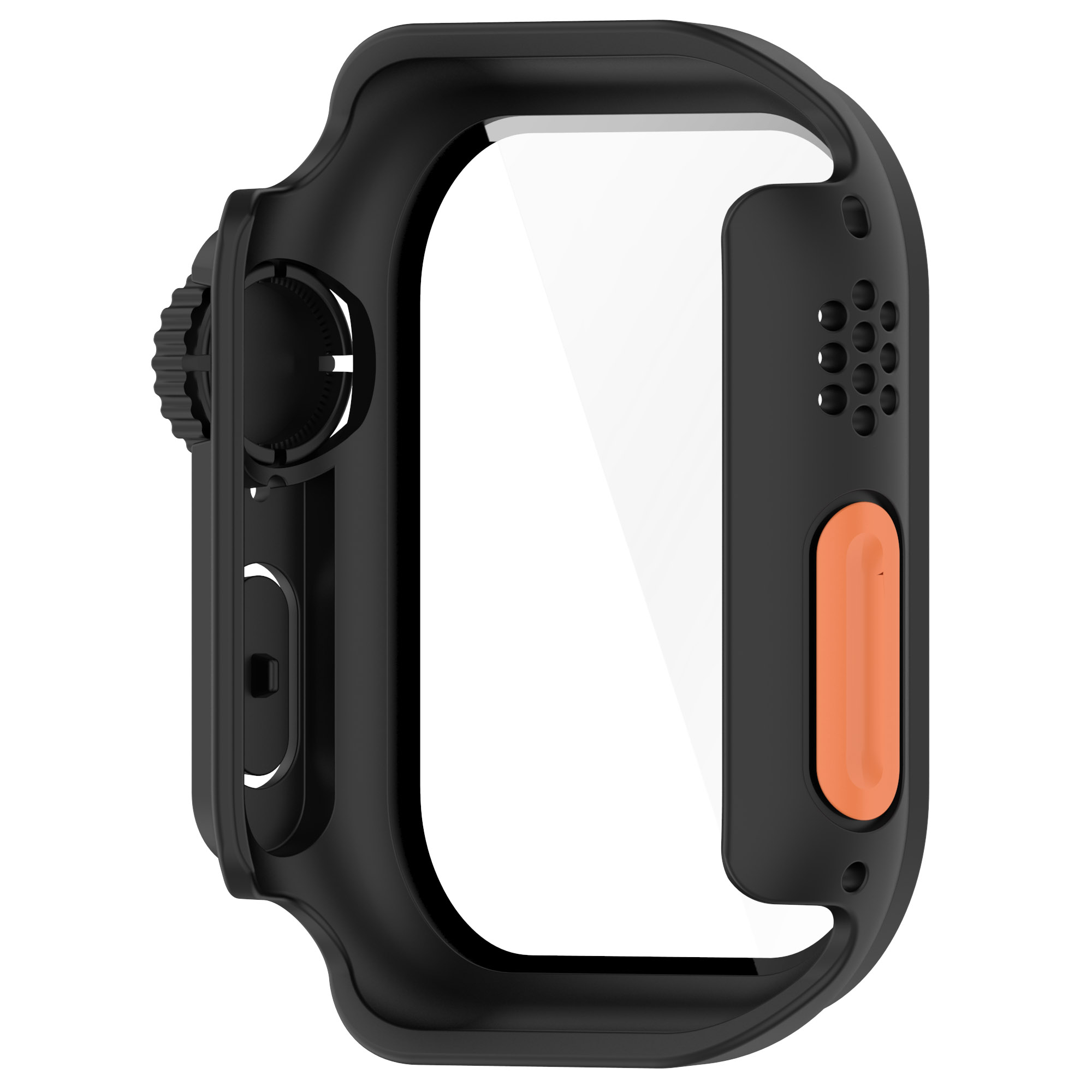 Custodia per orologio nera con protezione schermo trasparente, pulsante arancione e altoparlante.