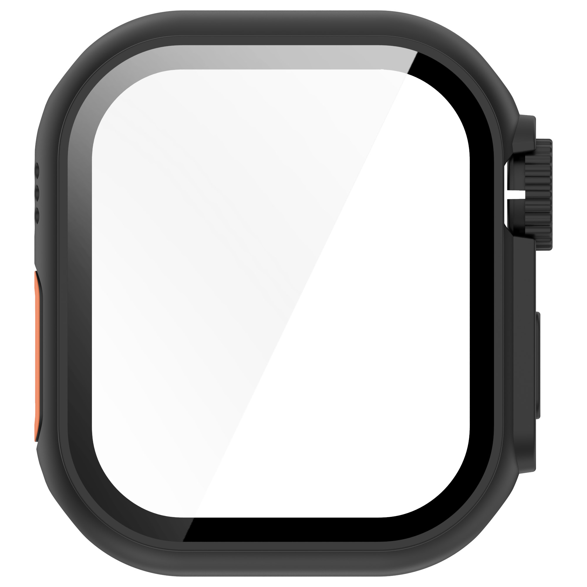 Primo piano di una cassa per smartwatch con cornice nera e schermo trasparente. L'orologio ha un pulsante arancione.