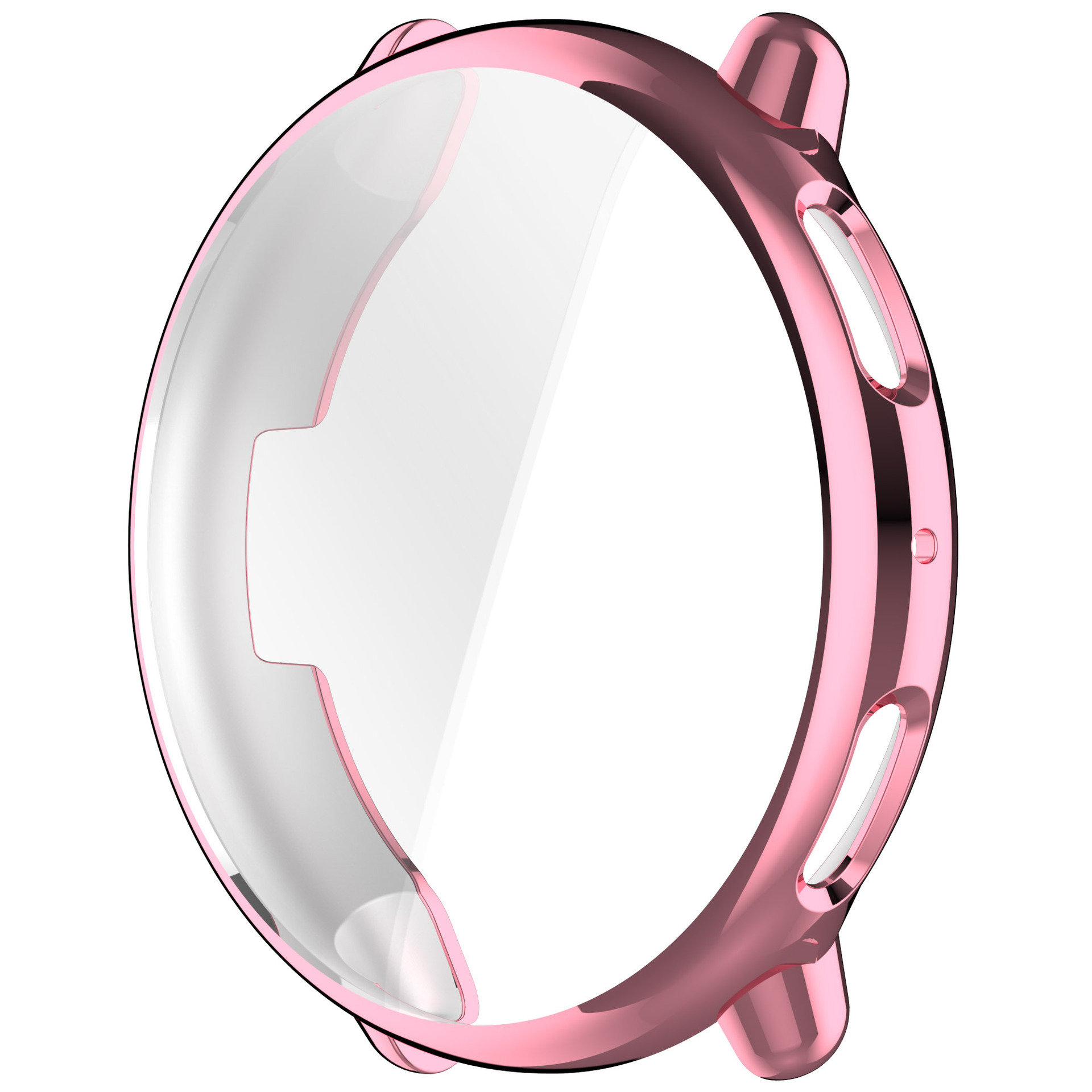 Una cassa per smartwatch rosa lucida. Ha una forma rotonda con aperture per le funzioni dell'orologio.