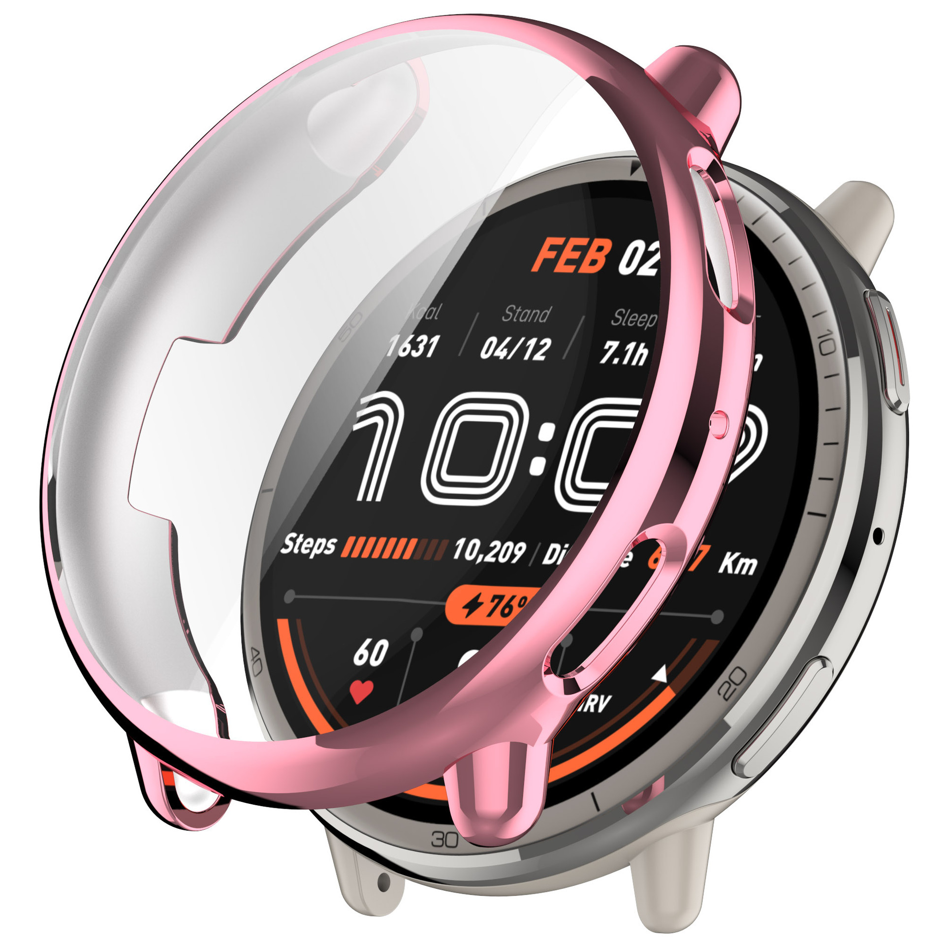 Uno smartwatch che mostra l'ora e i dati di fitness, con cassa rosa e protezione schermo.
