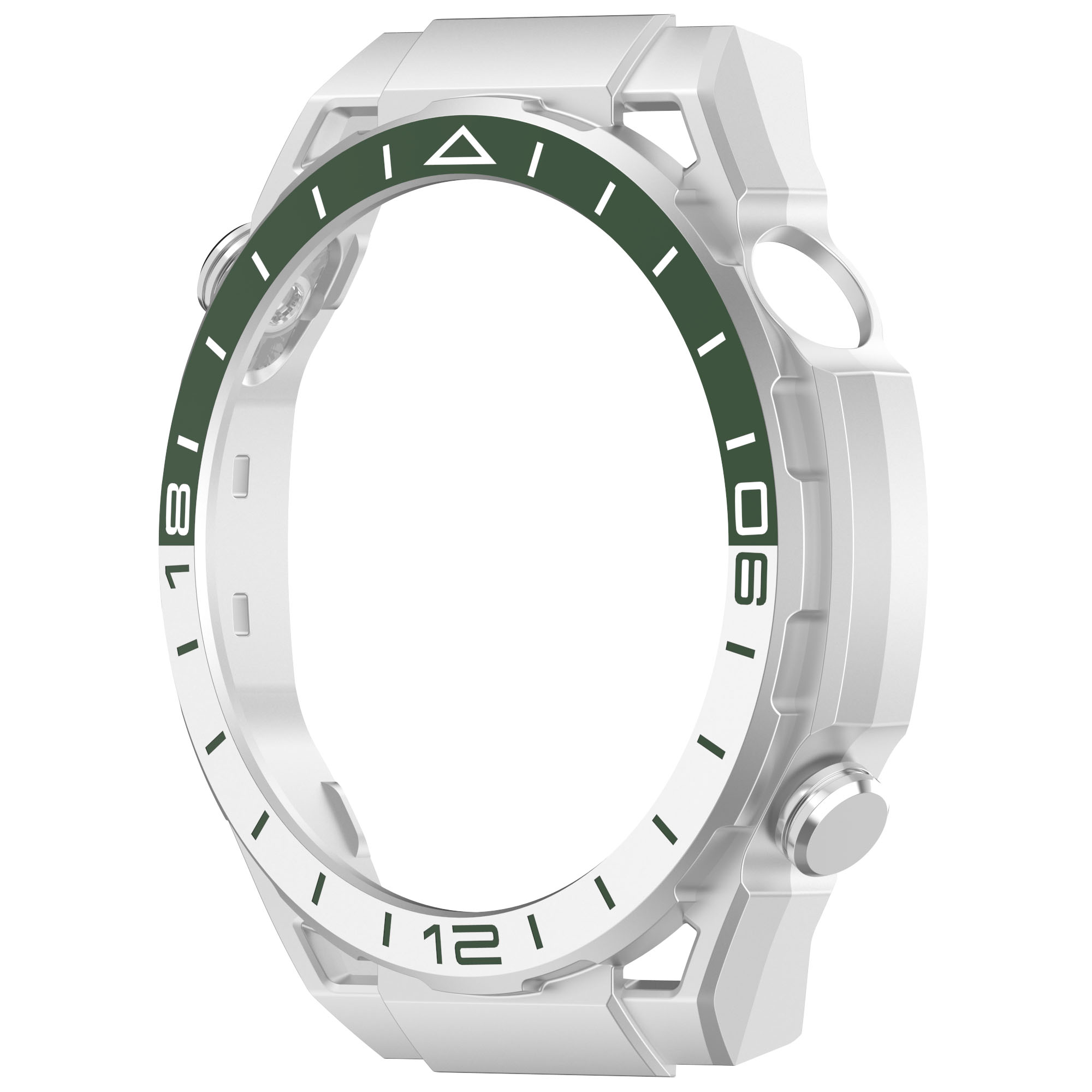 Una cassa per orologio argentata con un anello verde intorno al quadrante e numeri bianchi.