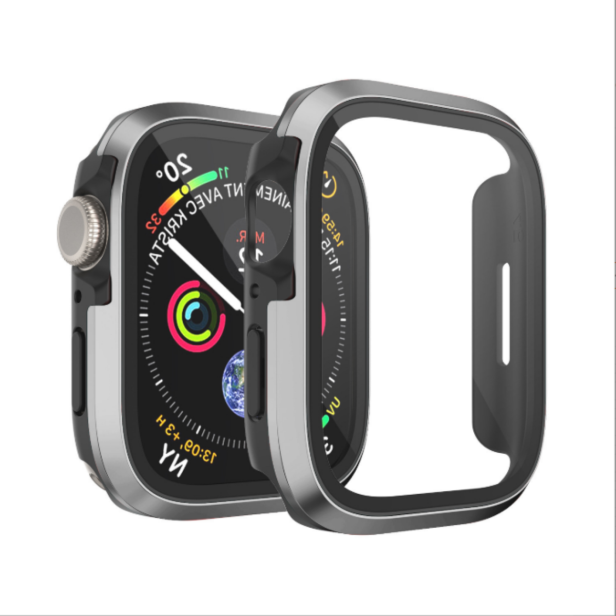 Smartwatch argentato con cassa nera. Una protezione schermo è posizionata sull'orologio, mostrando l'ora con le frecce.
