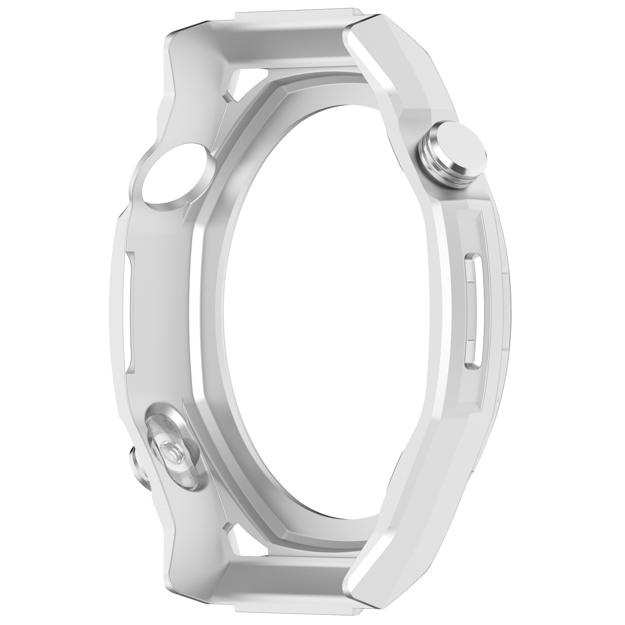 Una cassa per orologio bianca con due pulsanti e una piccola sporgenza laterale.