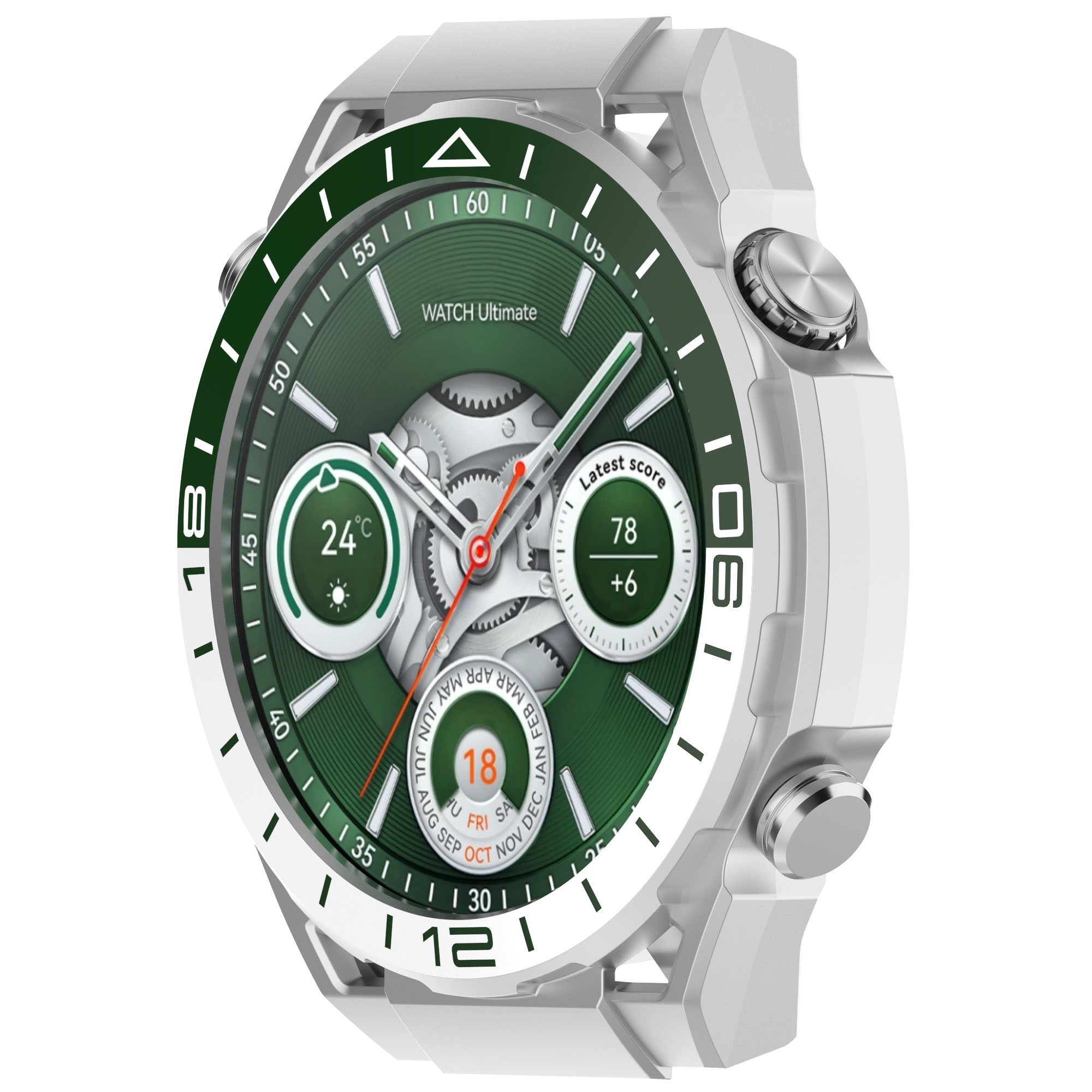 Primo piano di uno smartwatch con quadrante bianco e verde, che mostra l'ora, la data e altre informazioni. La lunetta è bianca.