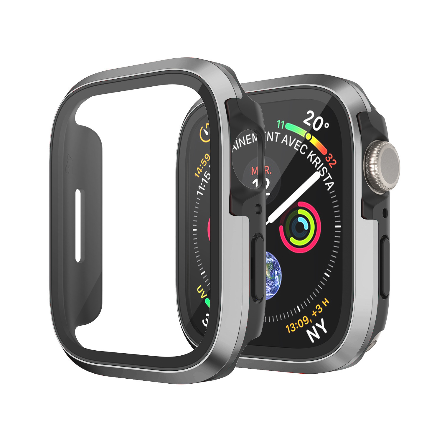 Un orologio con protezione schermo, che mostra ora e dati fitness, con cassa.
