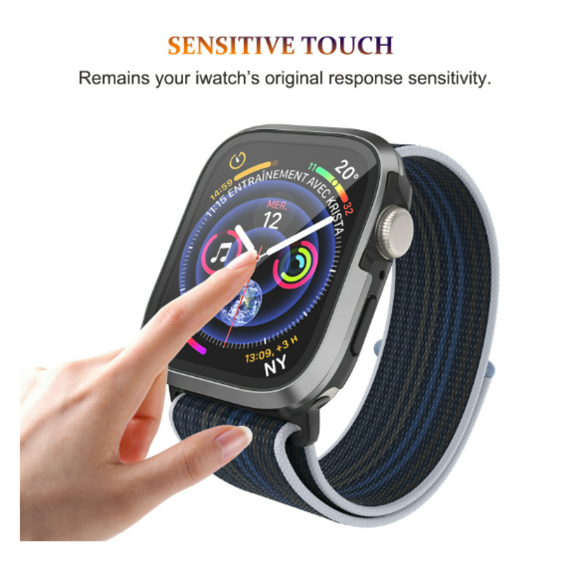 Una mano tocca lo schermo di uno smartwatch. Il testo recita 'SENSITIVE TOUCH' e 'Mantiene la sensibilità originale del tuo iwatch'.