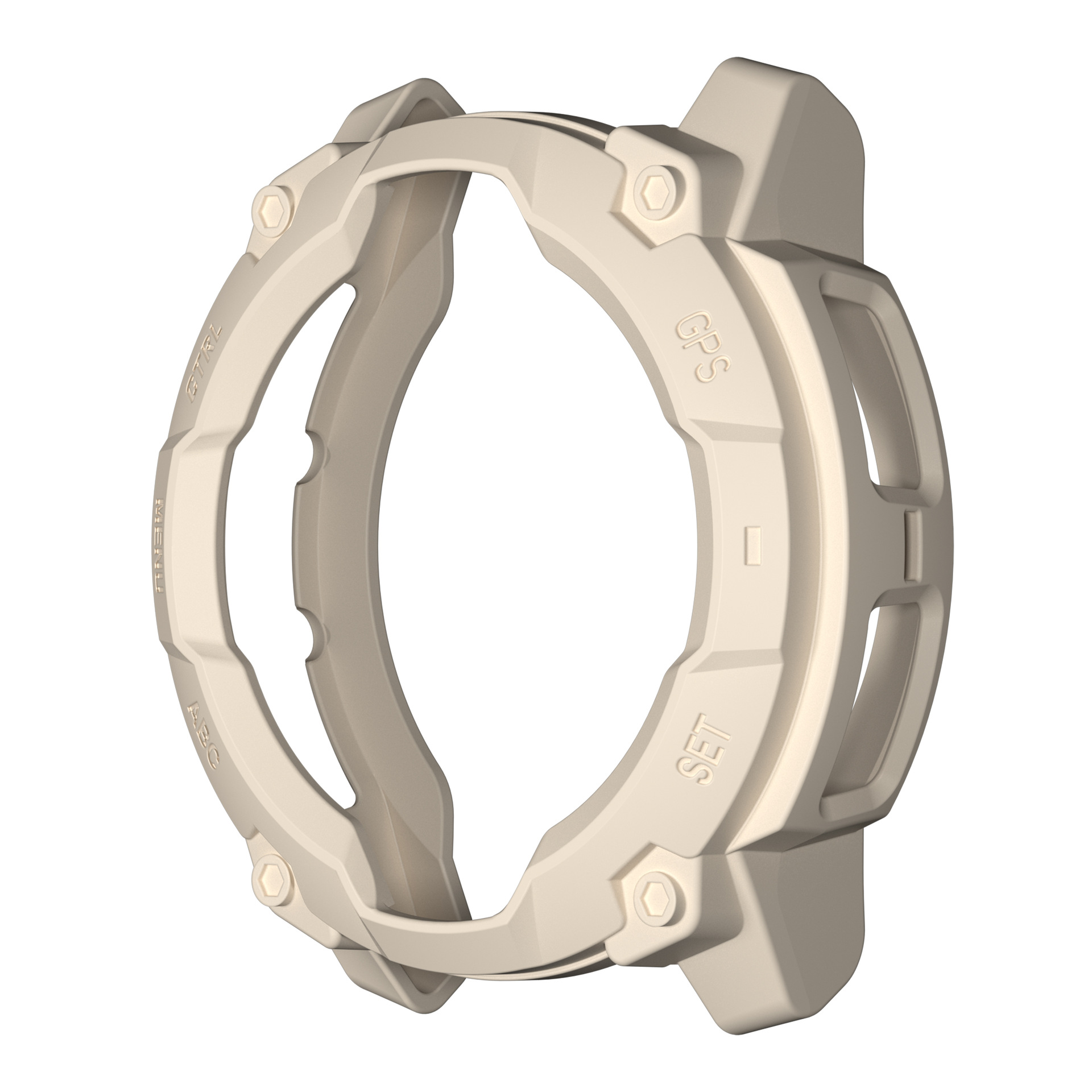 Una cornice beige per cassa di orologio con indicazioni GPS, SET e MENU. Ha un design robusto.