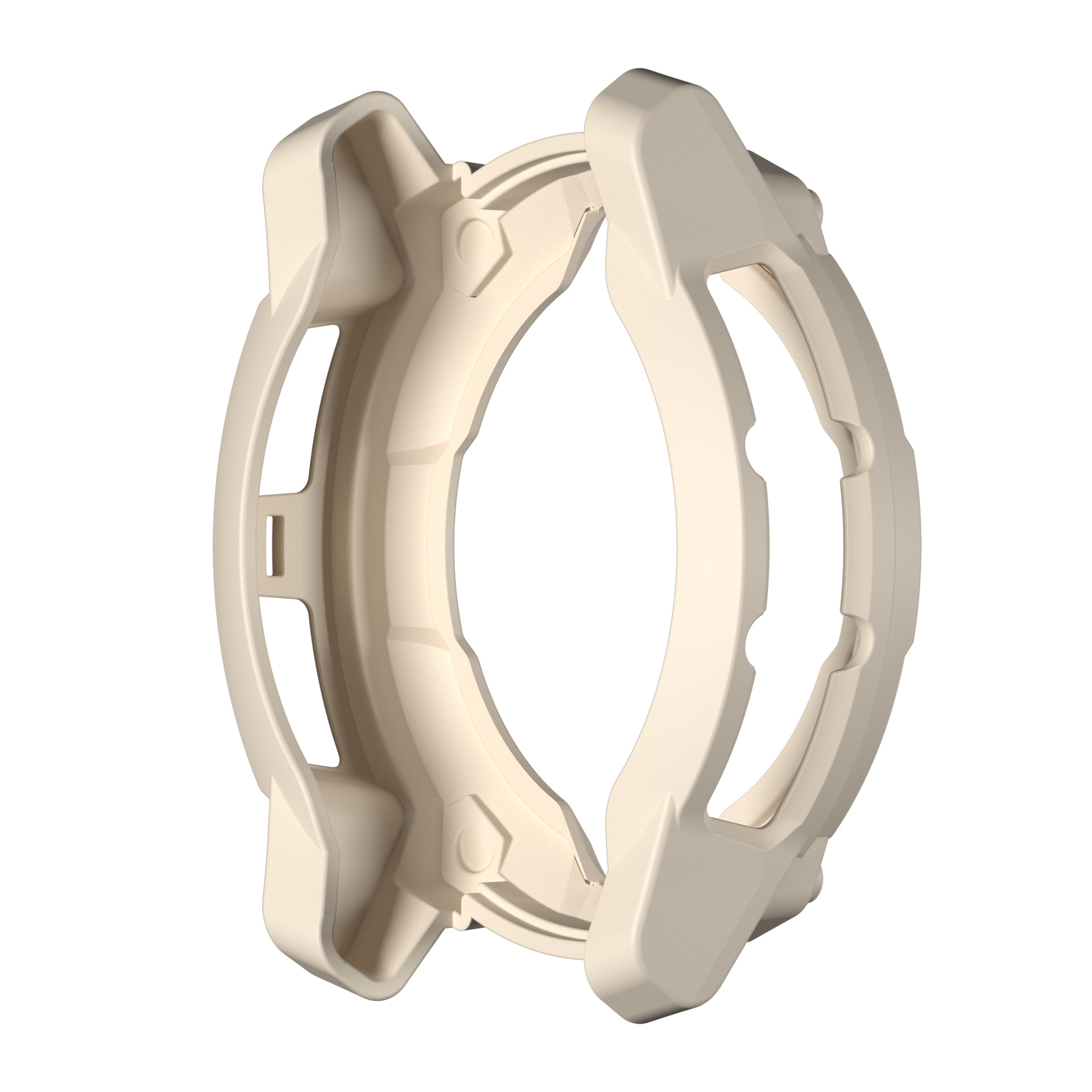 Una custodia protettiva beige per smartwatch. È un design aperto, che mostra l'interno.
