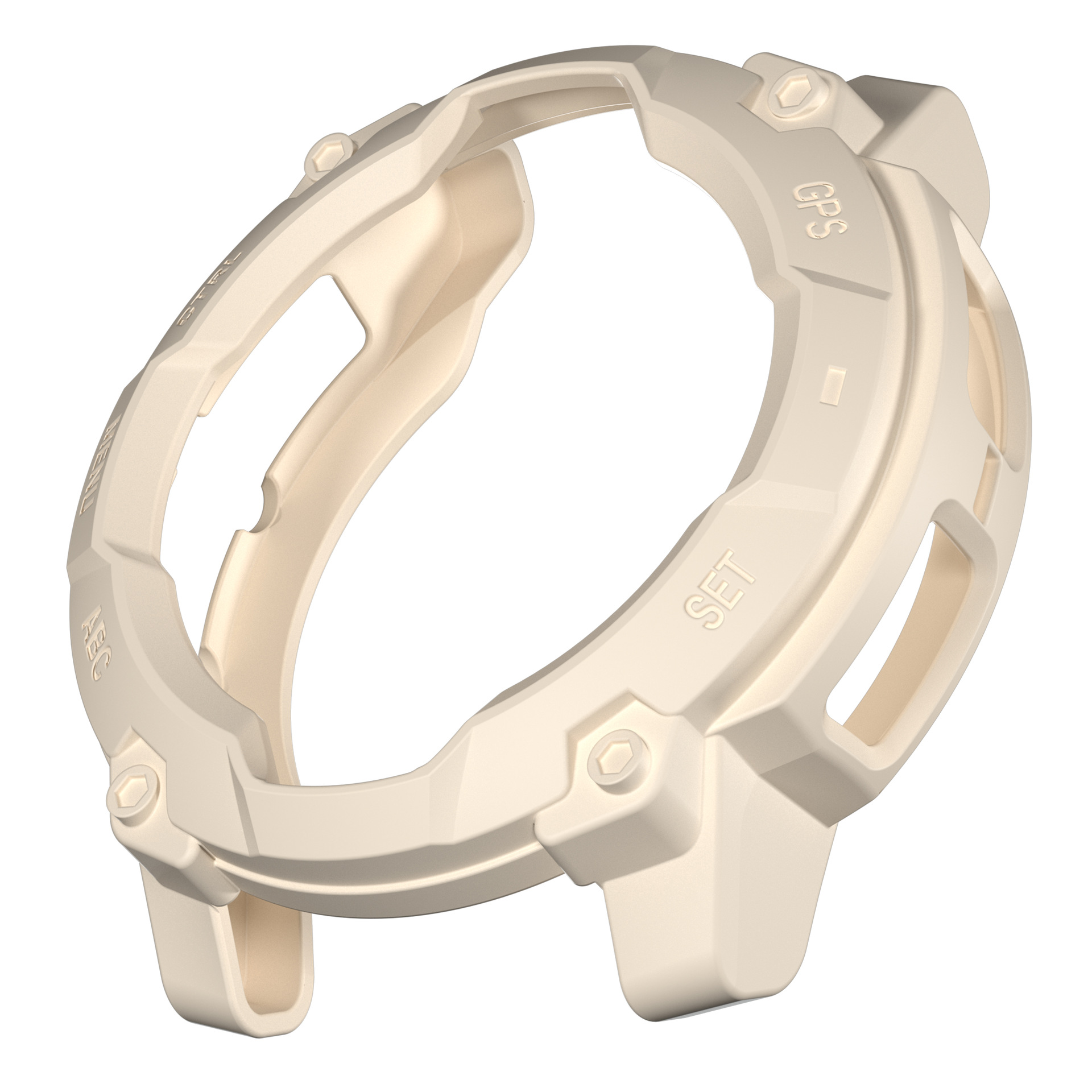 Custodia protettiva beige per smartwatch con ritagli per pulsanti e testo che recita 'REC' e 'GPS'.