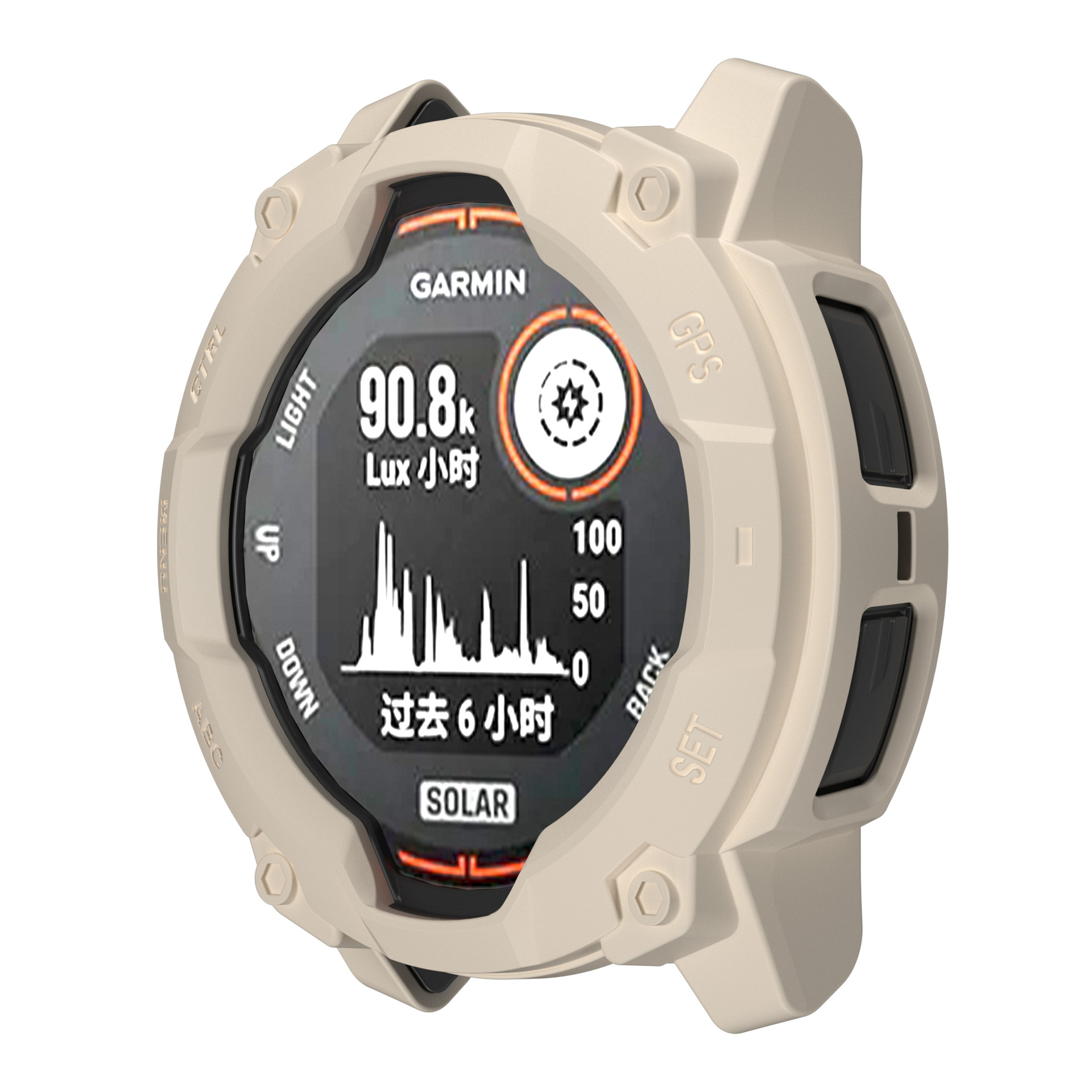 Uno smartwatch Garmin all'interno di una custodia protettiva beige. Lo schermo mostra dati e solare.