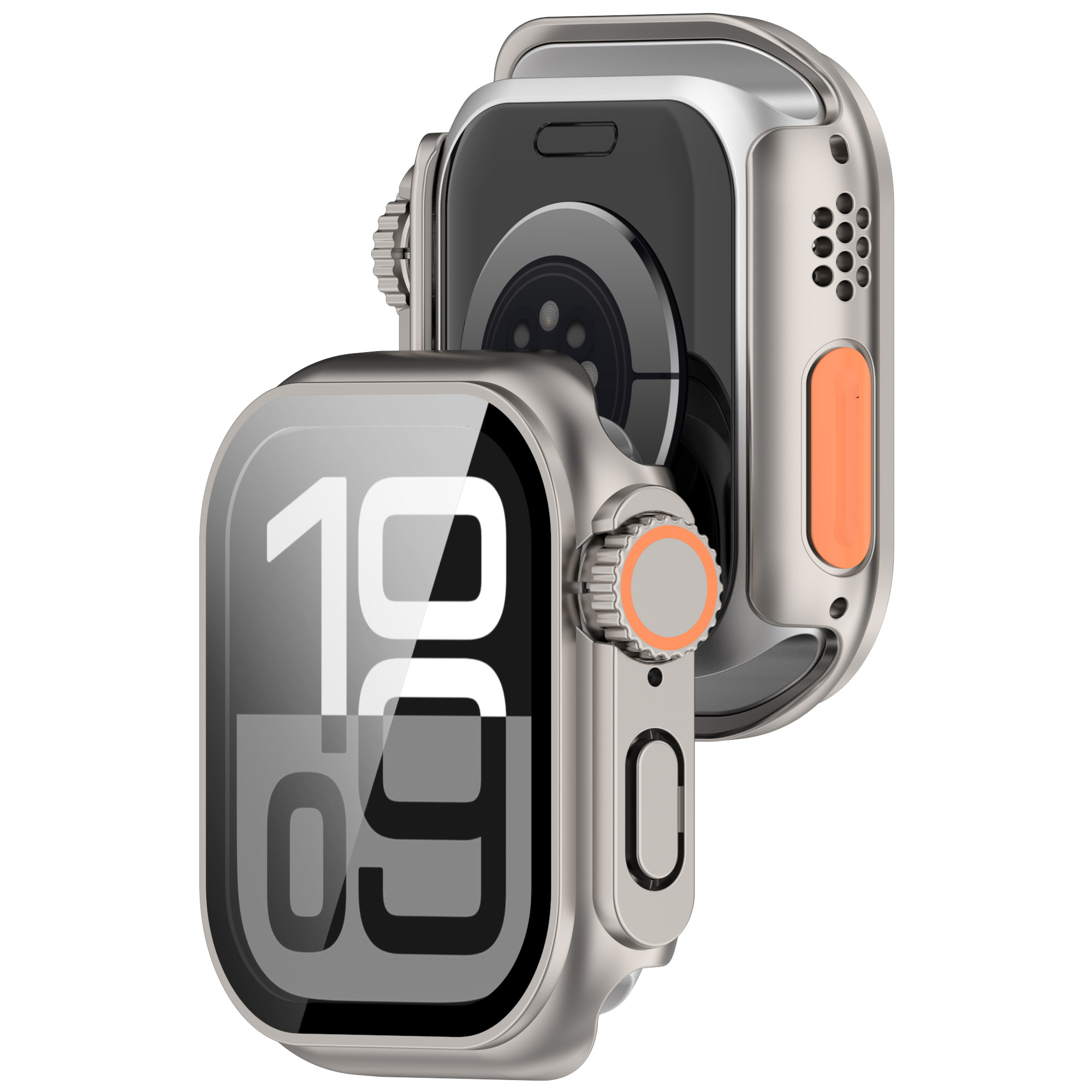 Due smartwatch argentati con accenti arancioni, che mostrano le 19:09 su uno schermo.