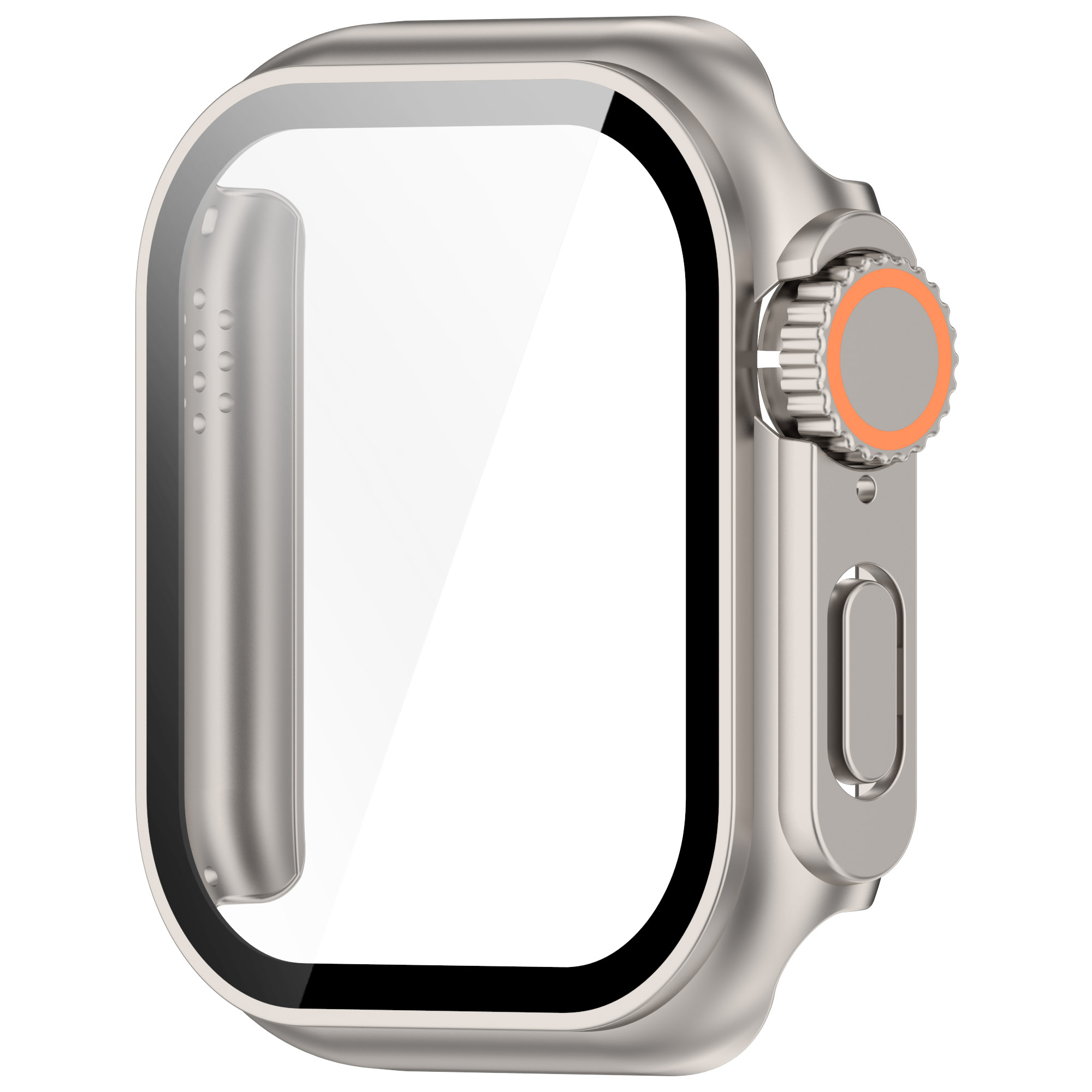 Una custodia per smartwatch argentata con protezione schermo trasparente e pulsante arancione.