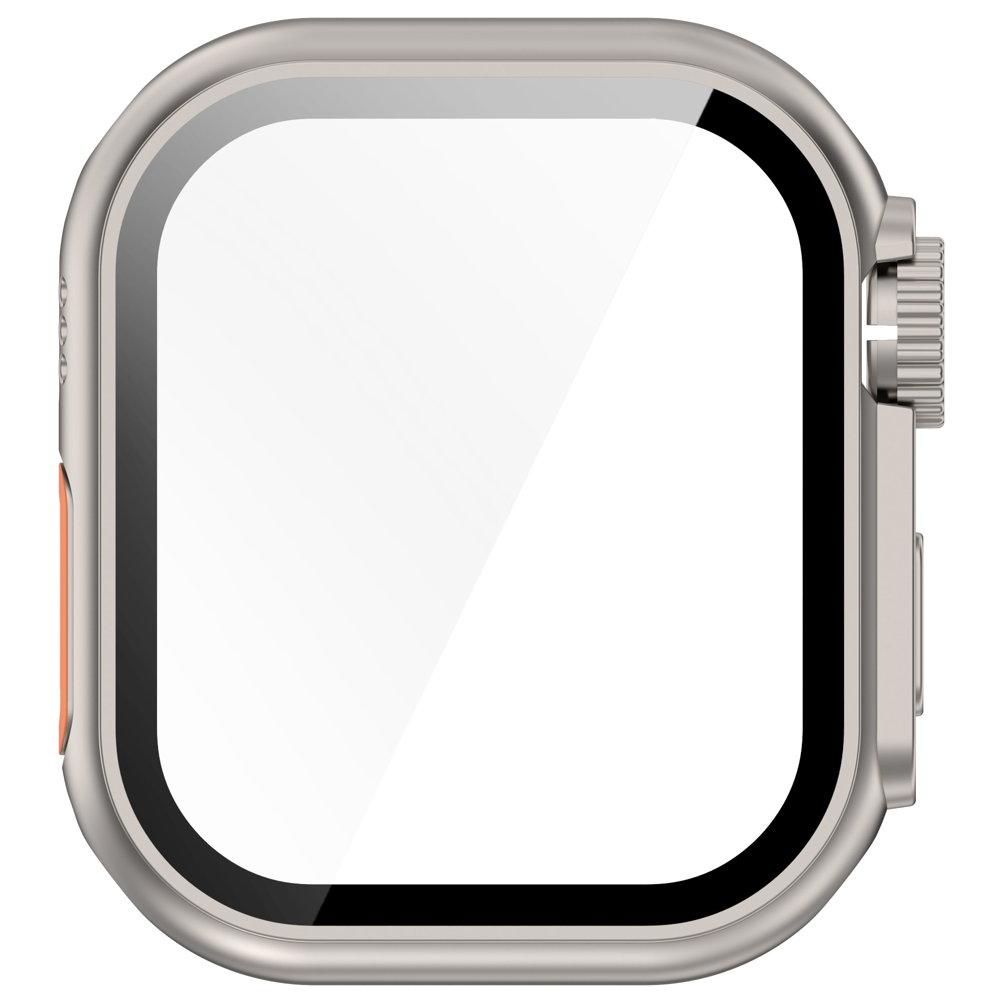 Orologio argentato con protezione schermo in vetro applicata. La protezione ha una superficie trasparente sul quadrante.