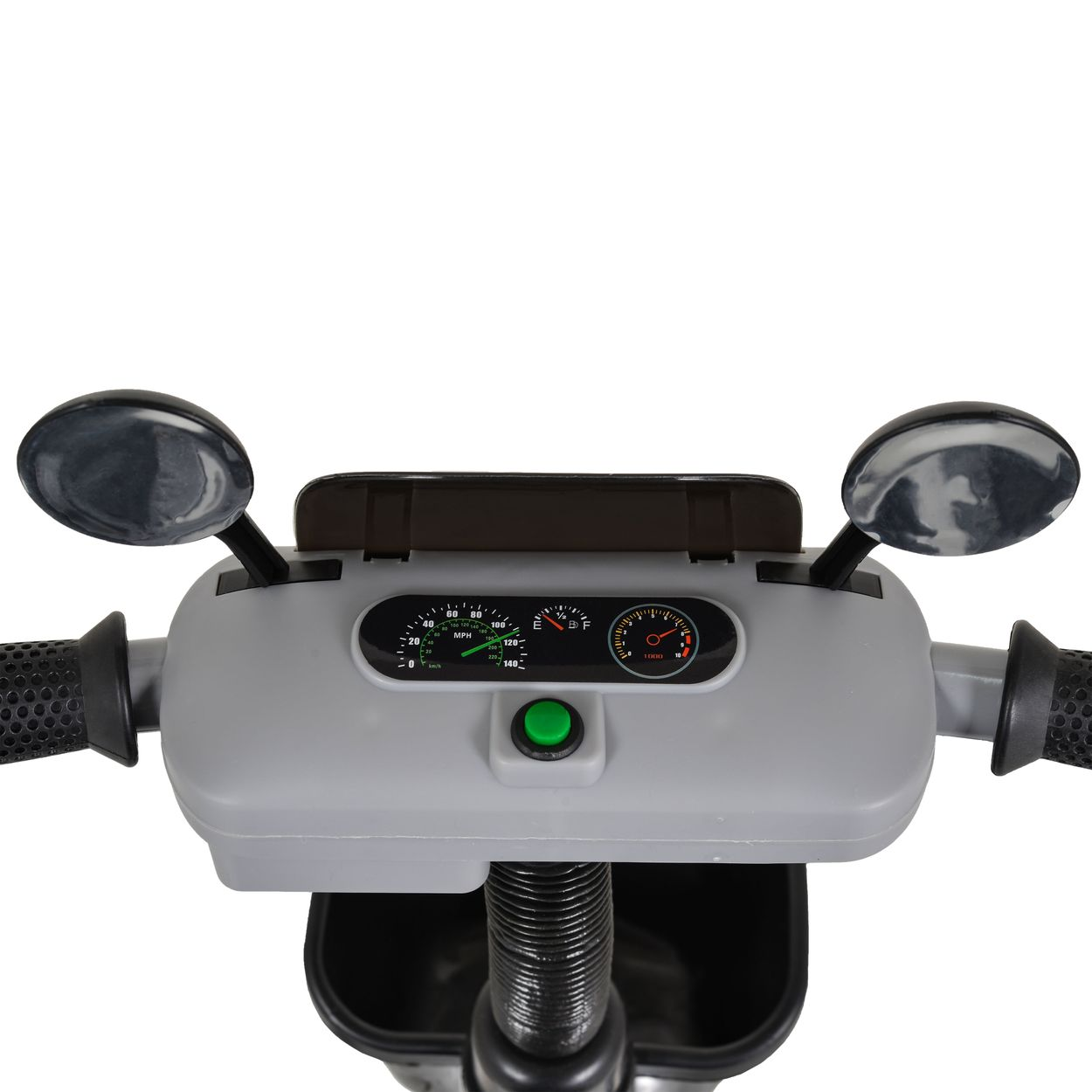 Nahaufnahme des Armaturenbretts eines Rollers. Es hat einen Tachometer, Lichter und einen Korb darunter. Die Bedienelemente sind grau.