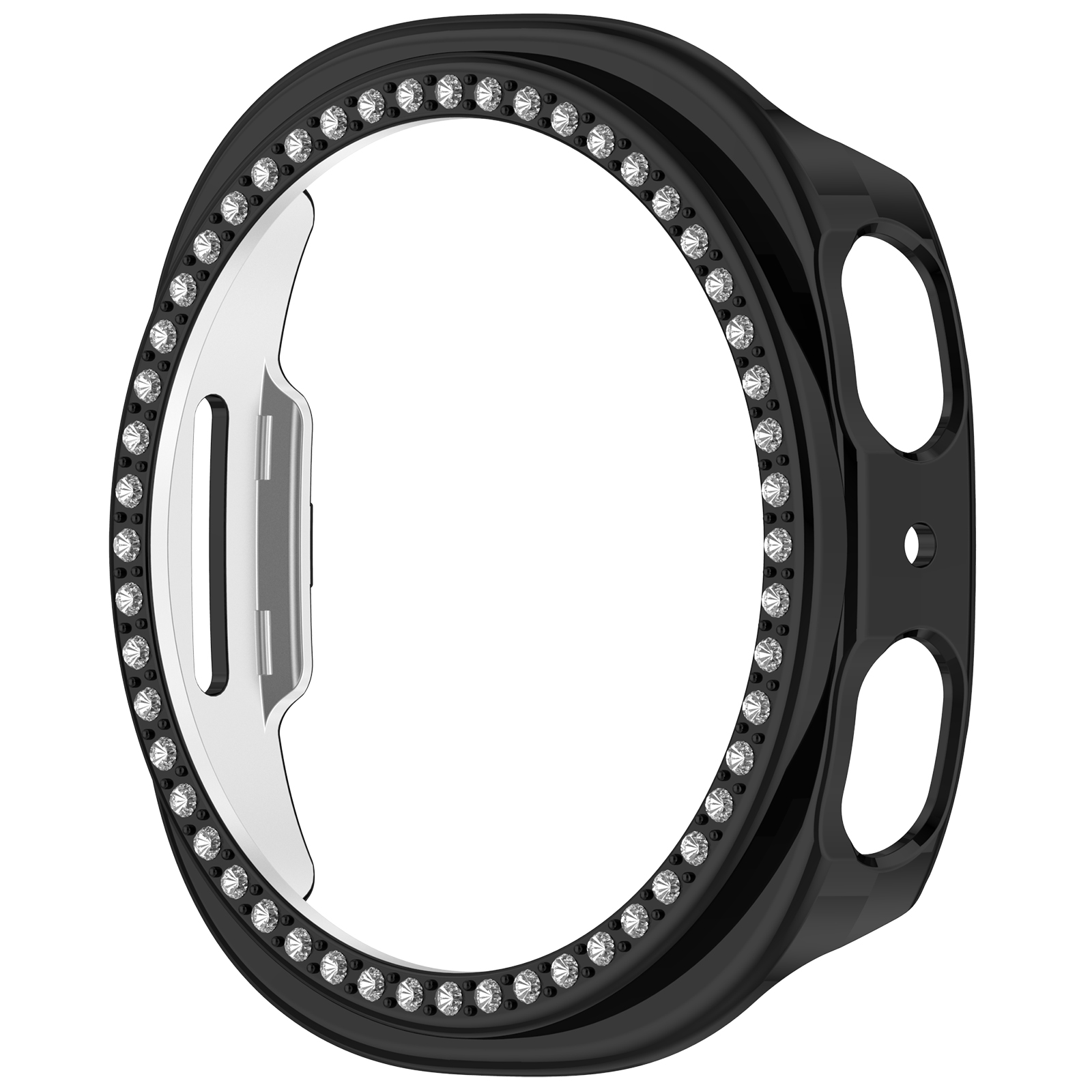Una protezione per orologio nera con strass, con ritagli per le funzioni dell'orologio.