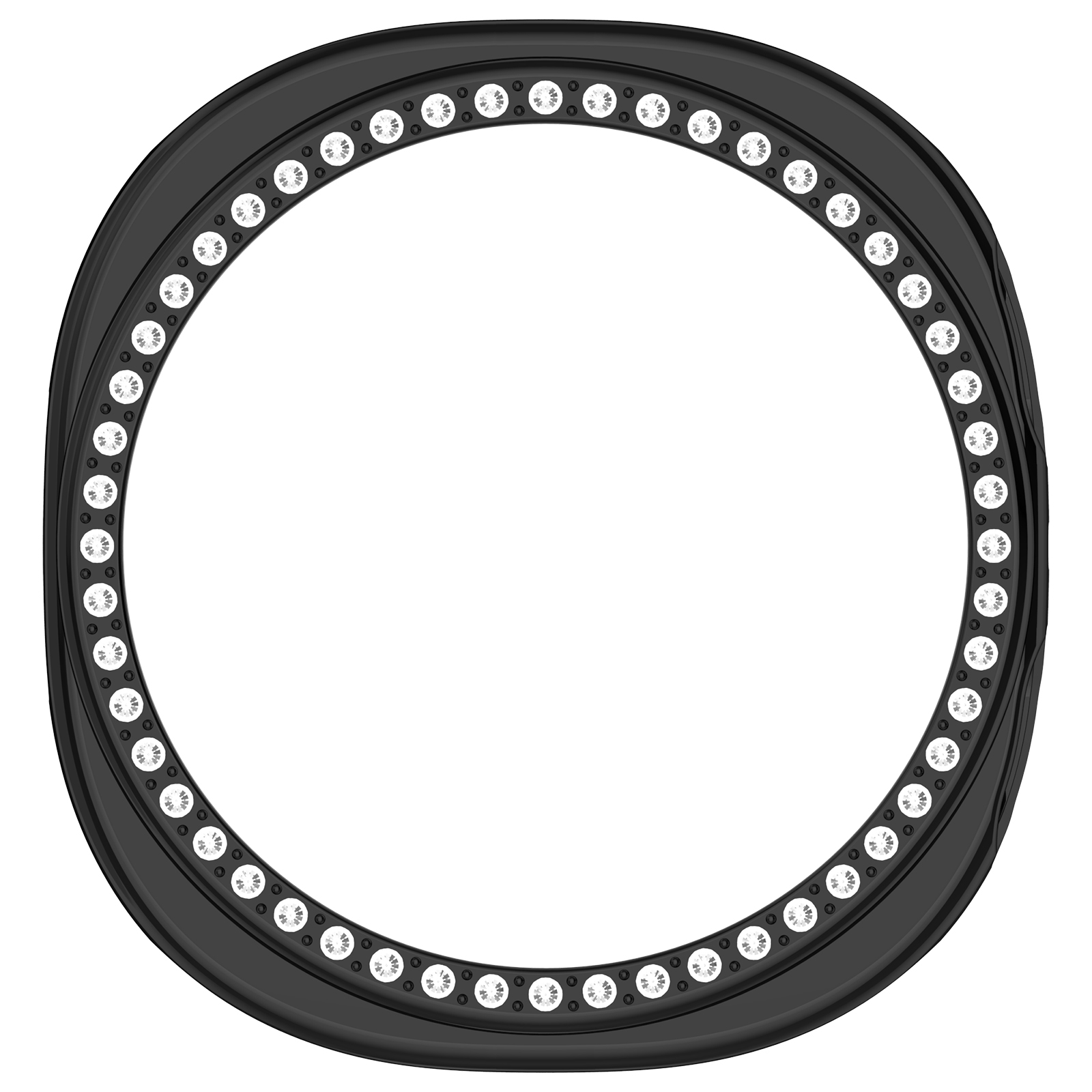 Una lunetta per orologio nera con un anello di piccoli strass trasparenti. La lunetta ha due pulsanti.