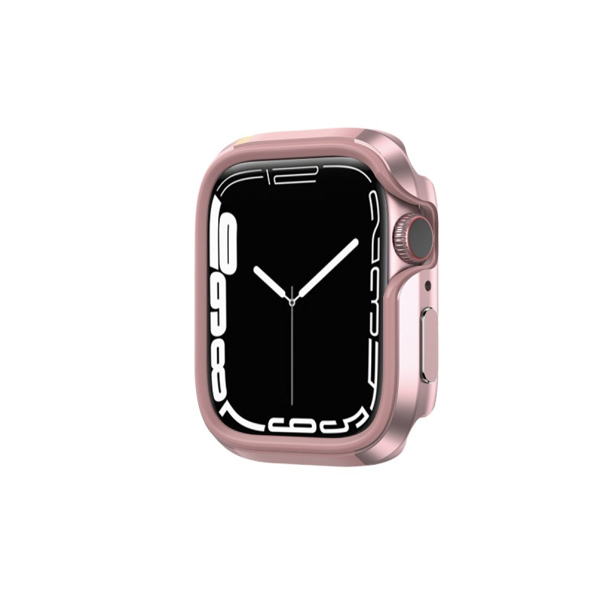 Una custodia per smartwatch color oro rosa, con uno schermo nero che mostra l'ora. Il design è elegante e moderno.