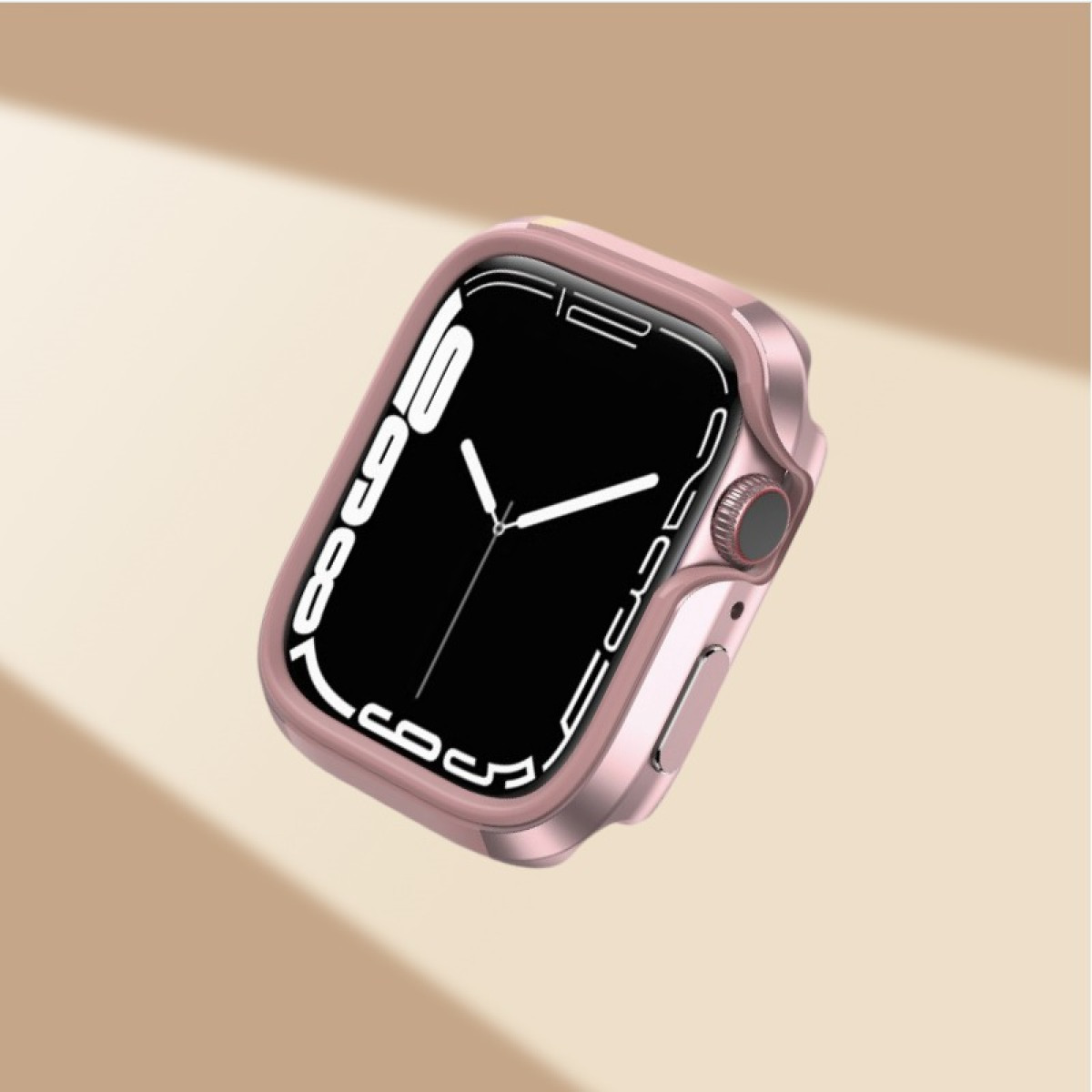 Una cassa per smartwatch color oro rosa. Schermo nero che mostra l'ora. Design pulito, moderno e sfondo neutro.