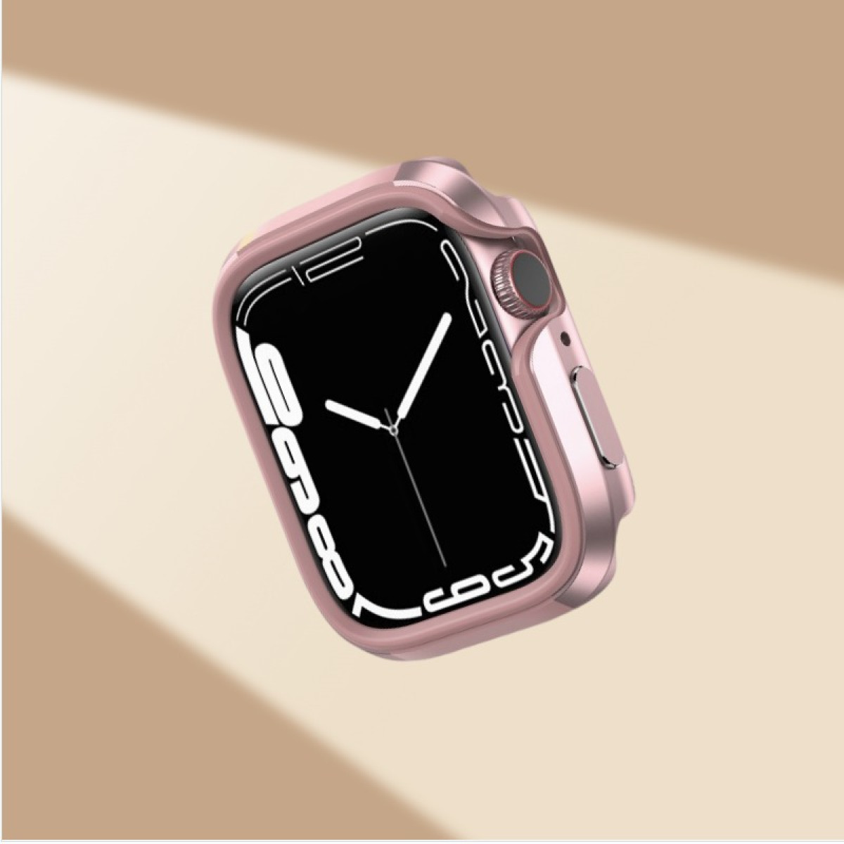 Un orologio rosa in una custodia rosa, fluttuante in aria. Il quadrante dell'orologio è visibile.