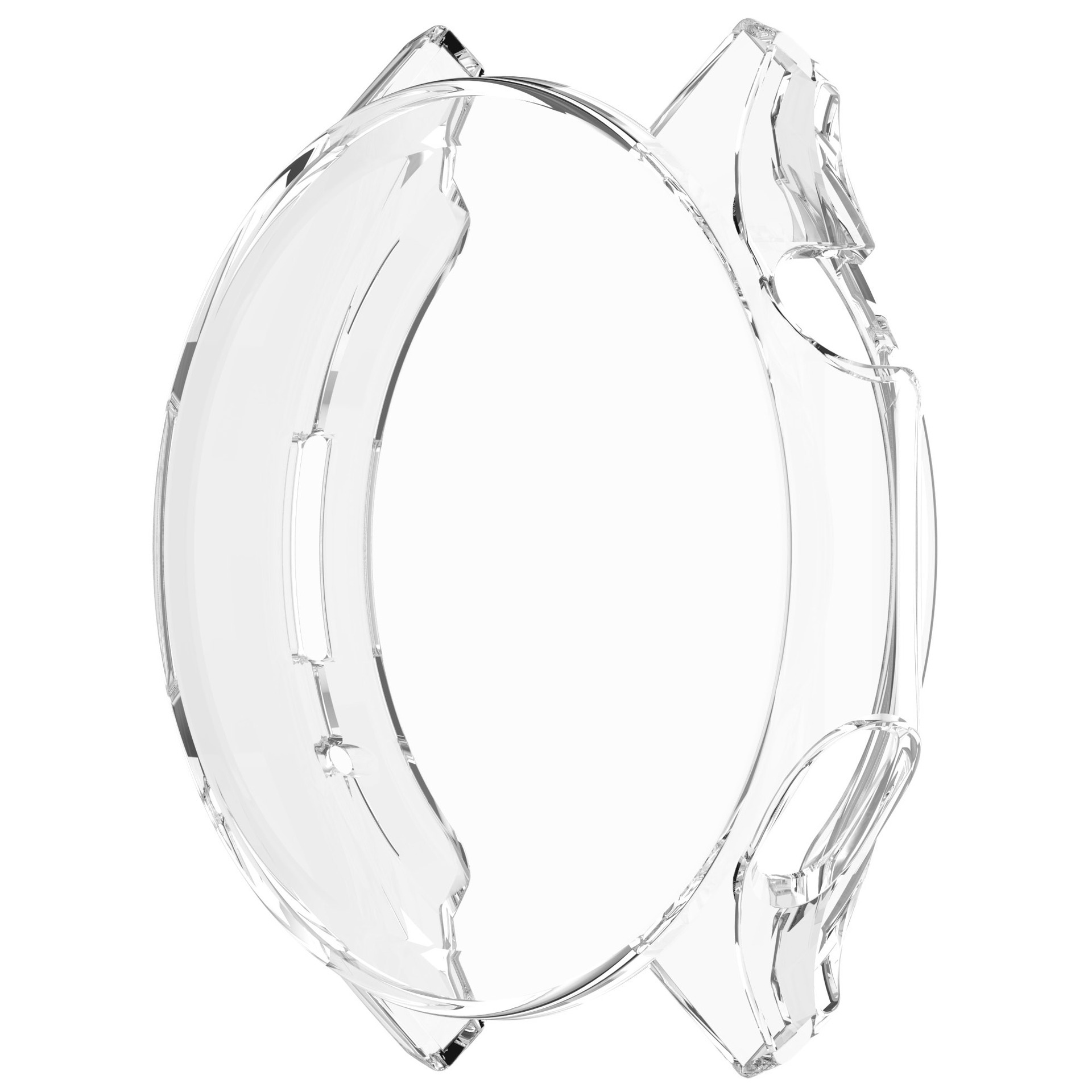 Una custodia per smartwatch trasparente e trasparente. La custodia ha un design elegante e curvo con linee morbide.