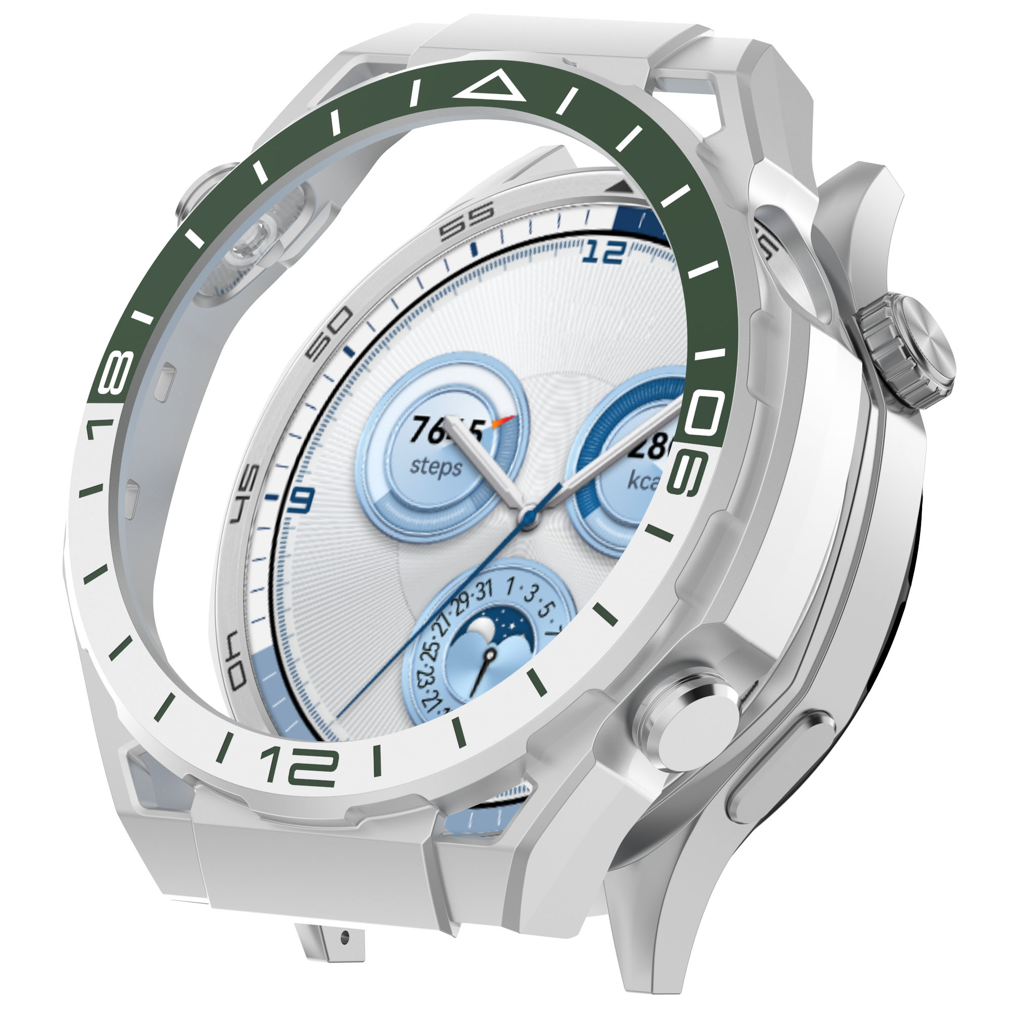 Uno smartwatch bianco con lunetta bianca e verde. L'orologio mostra passi, ora e dati.