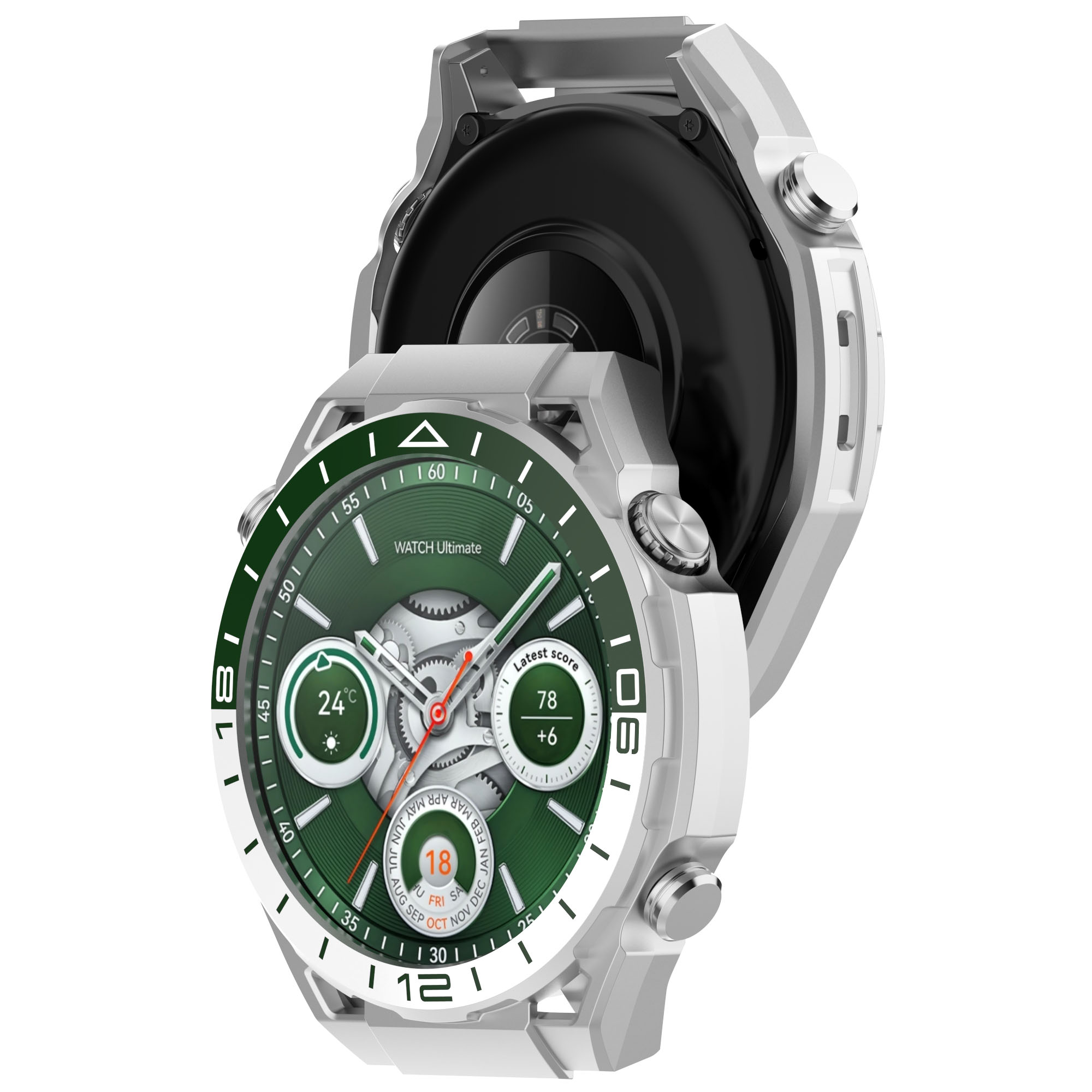 Un orologio con dettagli verdi e bianchi. Il quadrante mostra l'ora, la data e i punteggi. L'orologio è argento.