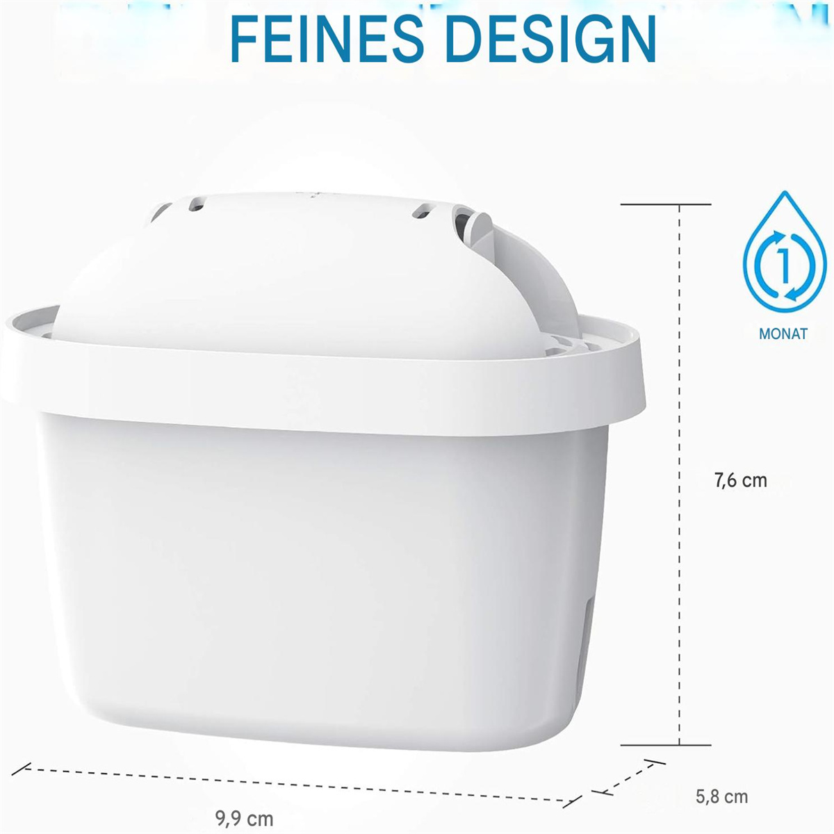 Eine weiße Wasserfilterkomponente mit Abmessungen und einem Etikett, das angibt, dass sie 1 Monat hält.