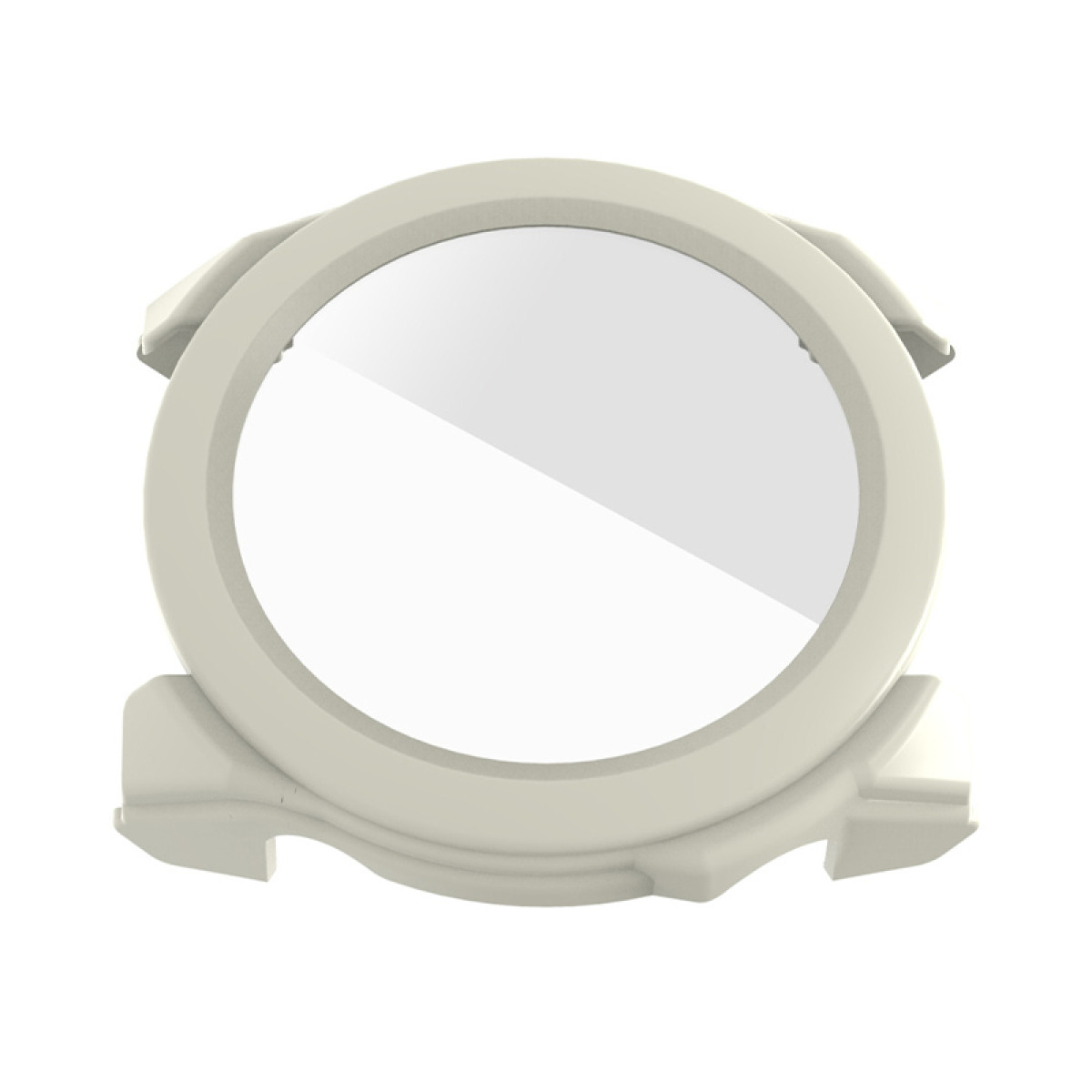 Una cassa per orologio rotonda grigio chiaro con una protezione per lo schermo trasparente, isolata su uno sfondo bianco.