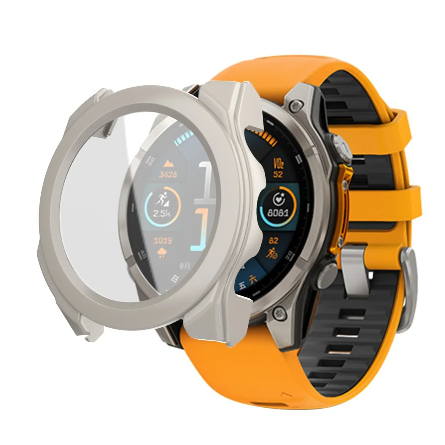 Smartwatch con cinturino arancione e copertura argentata. Lo schermo mostra dati. Isolato su sfondo bianco.
