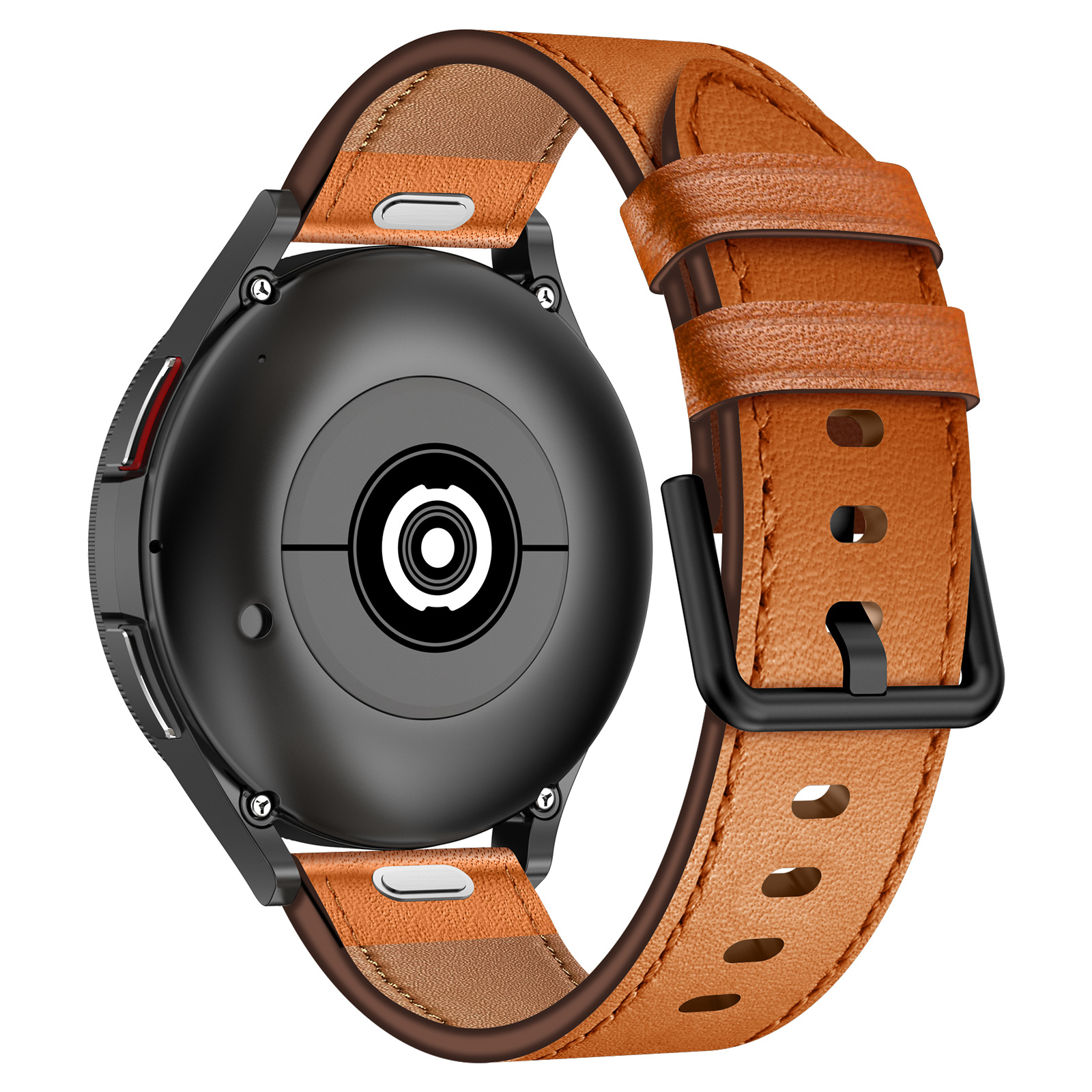 Il retro di uno smartwatch nero con un cinturino in pelle marrone, che mostra i suoi sensori e il meccanismo di fissaggio.