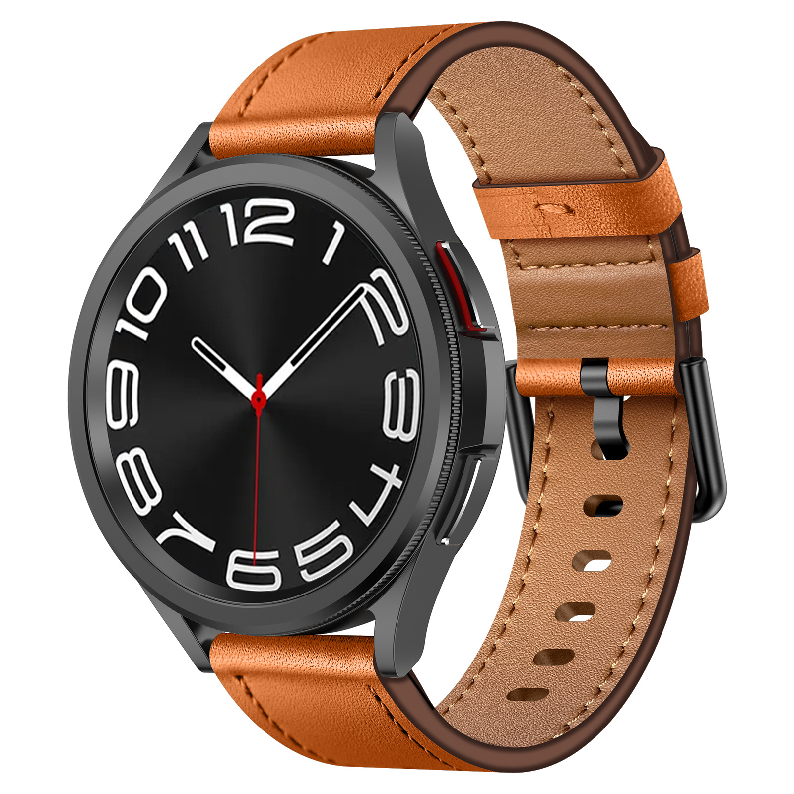 Uno smartwatch nero con un cinturino in pelle marrone, che mostra un quadrante con numeri bianchi e una lancetta dei secondi rossa.