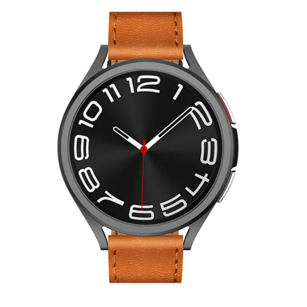 Orologio nero con cinturino in pelle marrone, numeri bianchi.