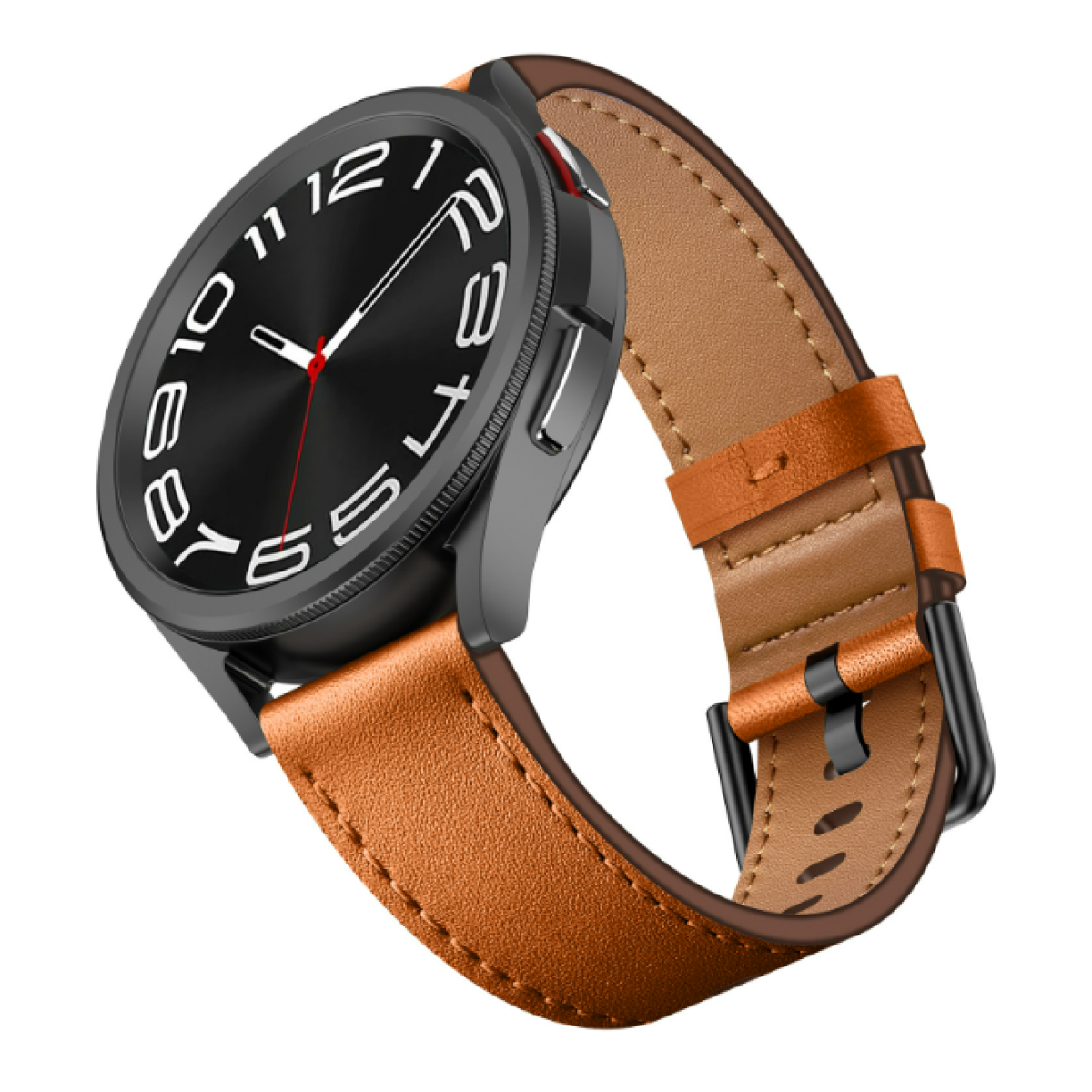 Uno smartwatch nero con un cinturino in pelle marrone, che mostra un quadrante con numeri bianchi e una lancetta dei secondi rossa.