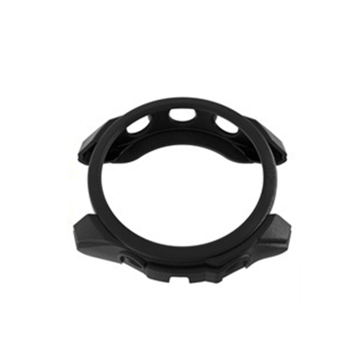 Lunetta nera, circolare, con un design curvo.