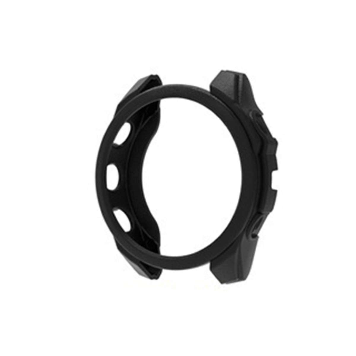 Una cassa per orologio nera, progettata per proteggere il quadrante dell'orologio, isolata su uno sfondo bianco.