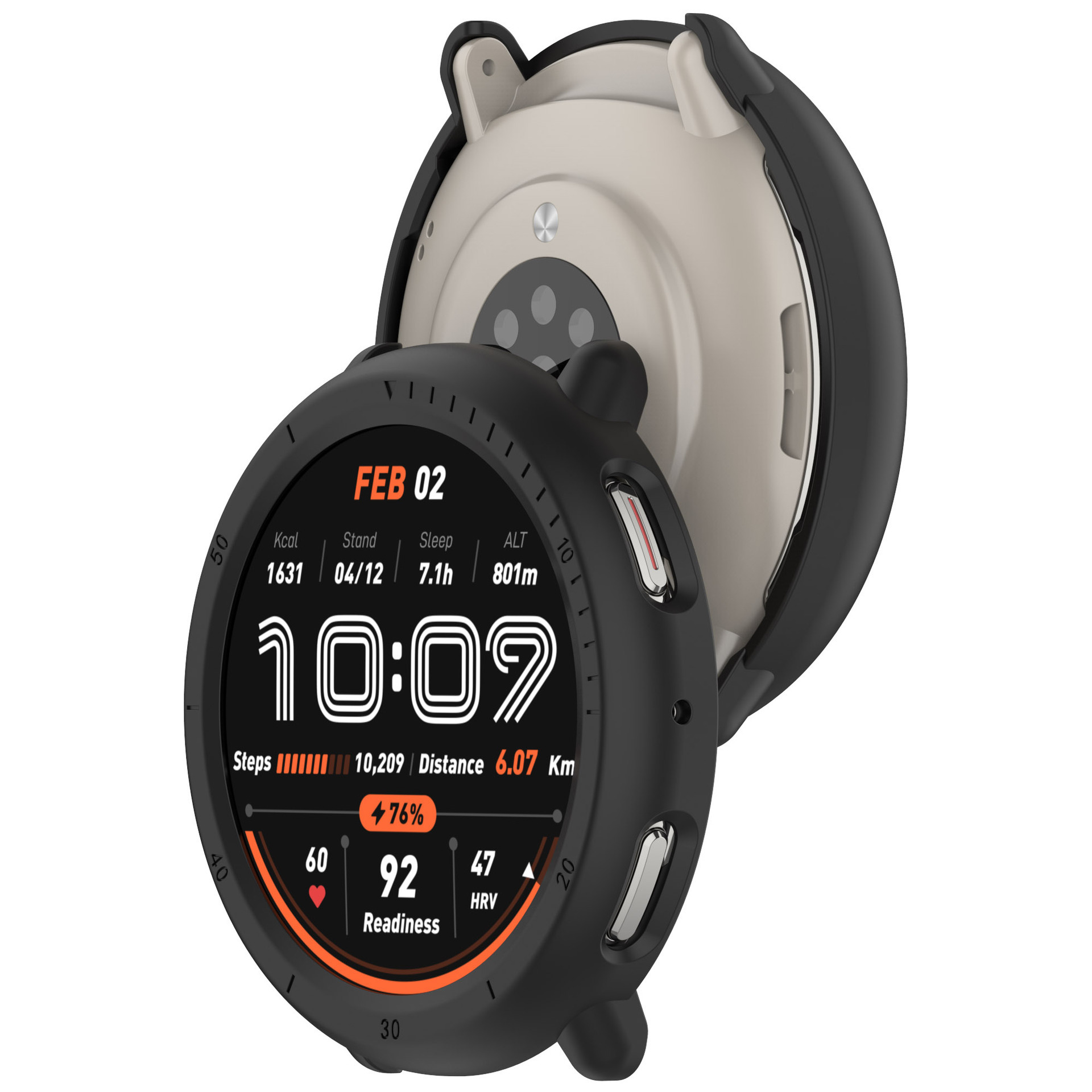 Cassa orologio nera con quadrante che mostra statistiche, 10:07 e batteria al 76%, su sfondo bianco.