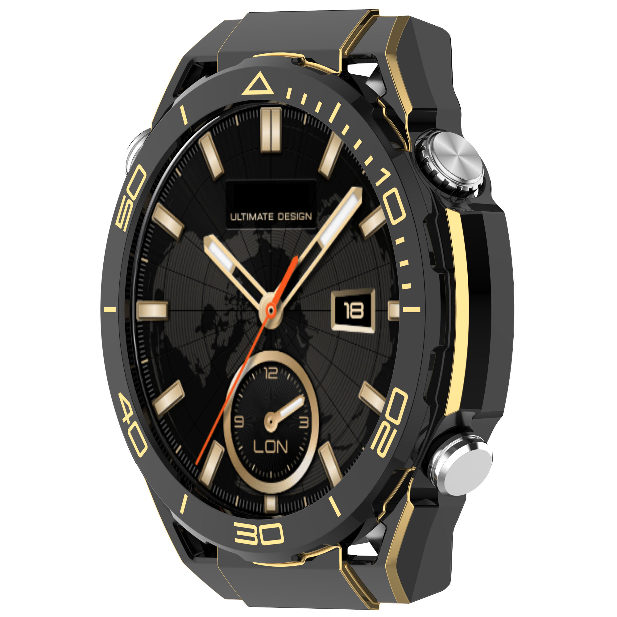 Smartwatch con ghiera nera e dettagli dorati, mostra una mappa del mondo e l'ora.