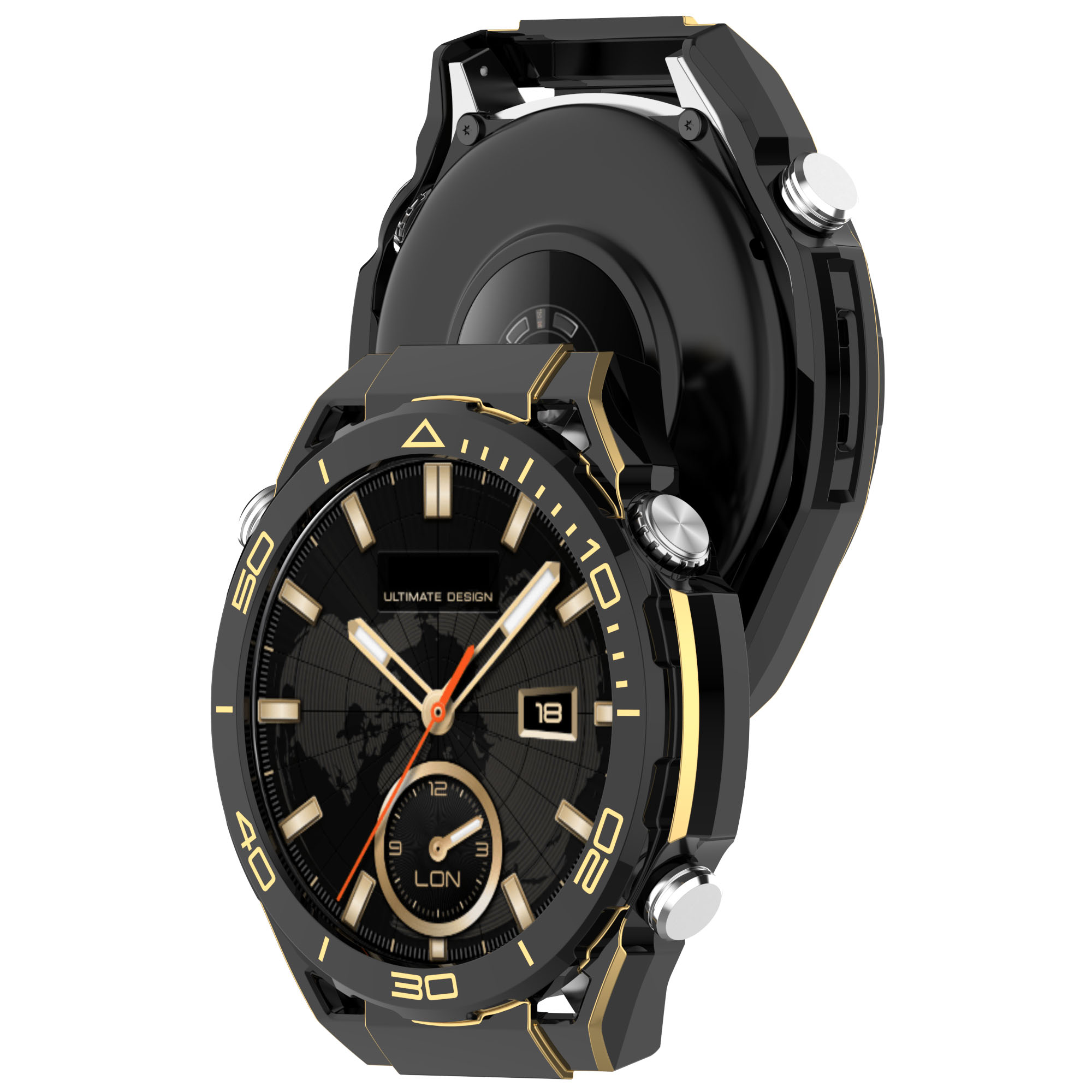 Smartwatch con ghiera nera, dettagli dorati e retro visibile, mostra una mappa del mondo.