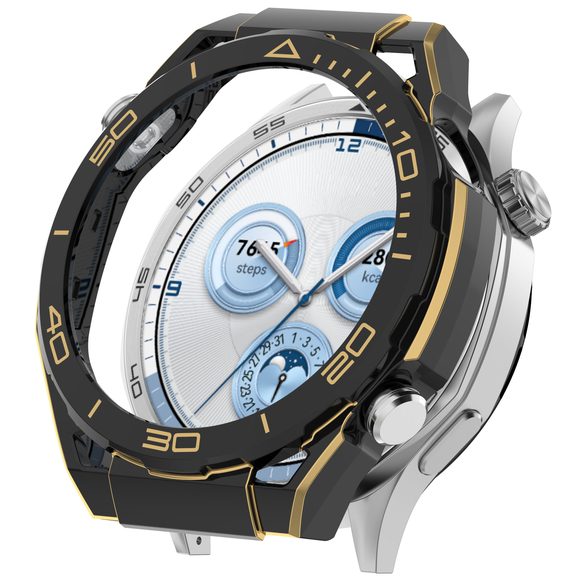 Smartwatch con lunetta nera e oro e quadrante bianco. Sfondo bianco.