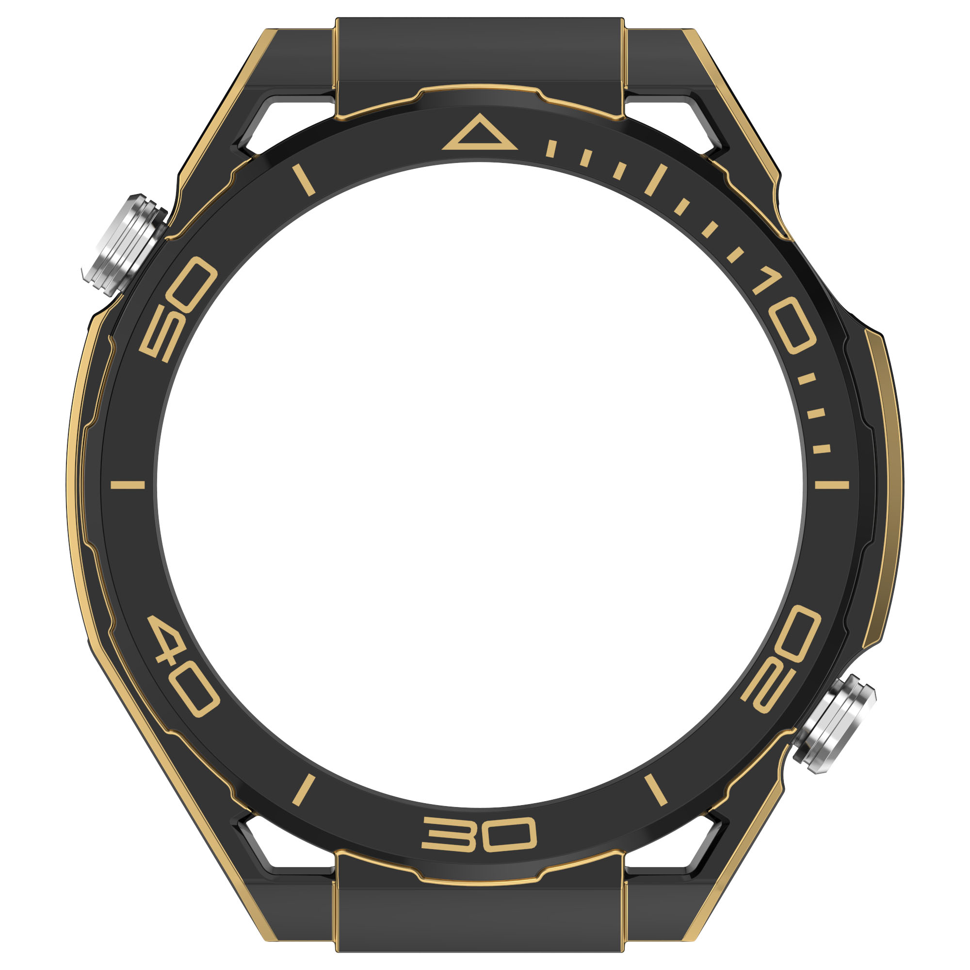 Ghiera dell'orologio nera, dettagli dorati, numeri e indicatori. Sfondo bianco, vista dall'alto.