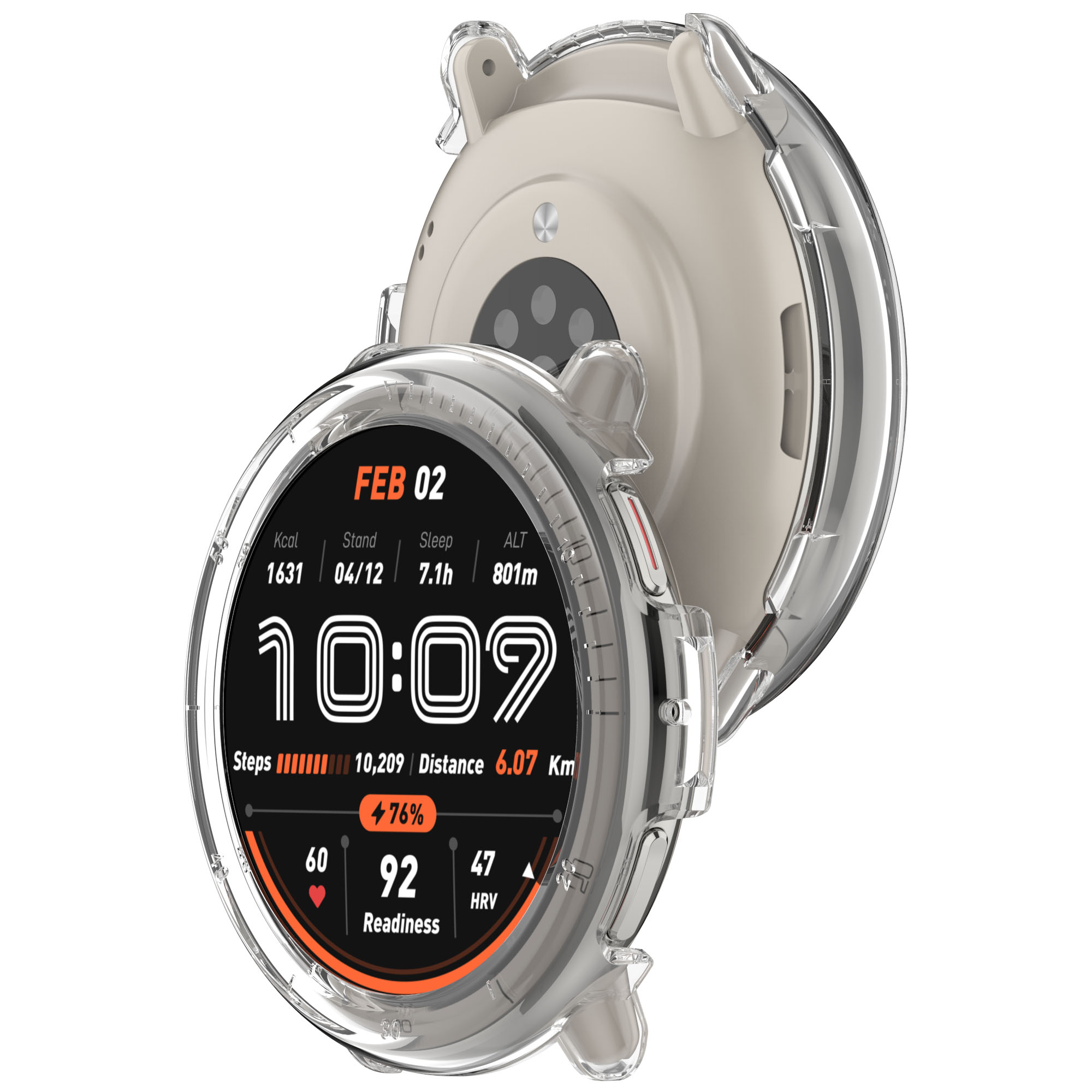 Smartwatch con il retro visibile, mostrando l'ora e i parametri sanitari. È trasparente.